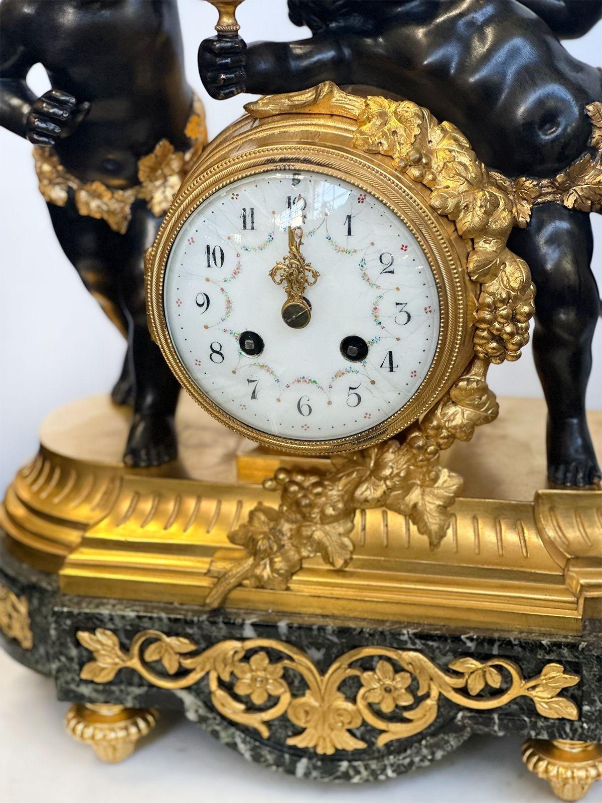 French Early 20th Century Ormolu & Marble Cherub Mantel Clock For Sale 1