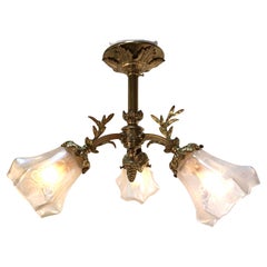 Antique French Early 20th Century Semi Flush Mount Bronze and Etched Glass Chandelier