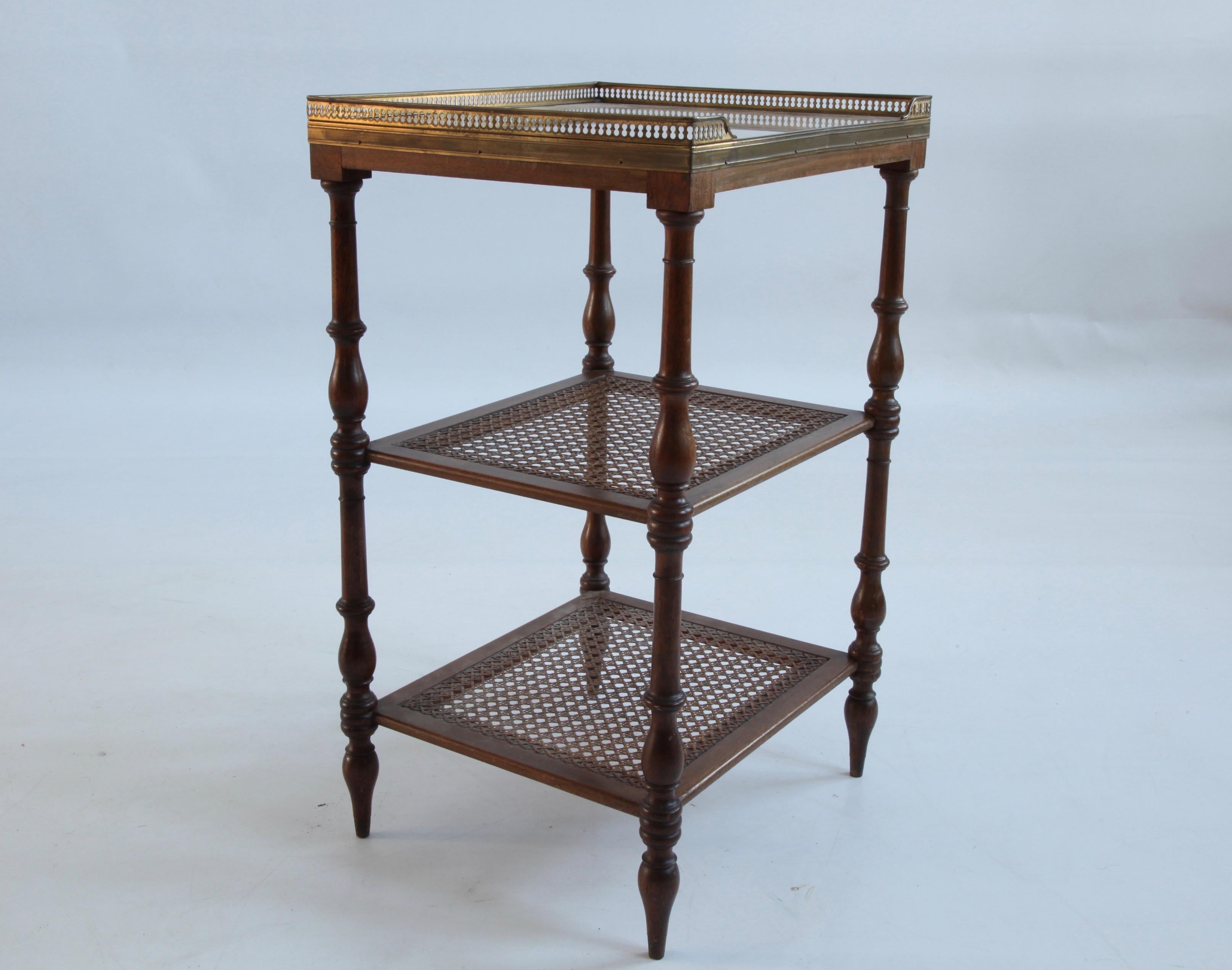 Walnut French Early 20th Century Side Table With Wicker Shelves