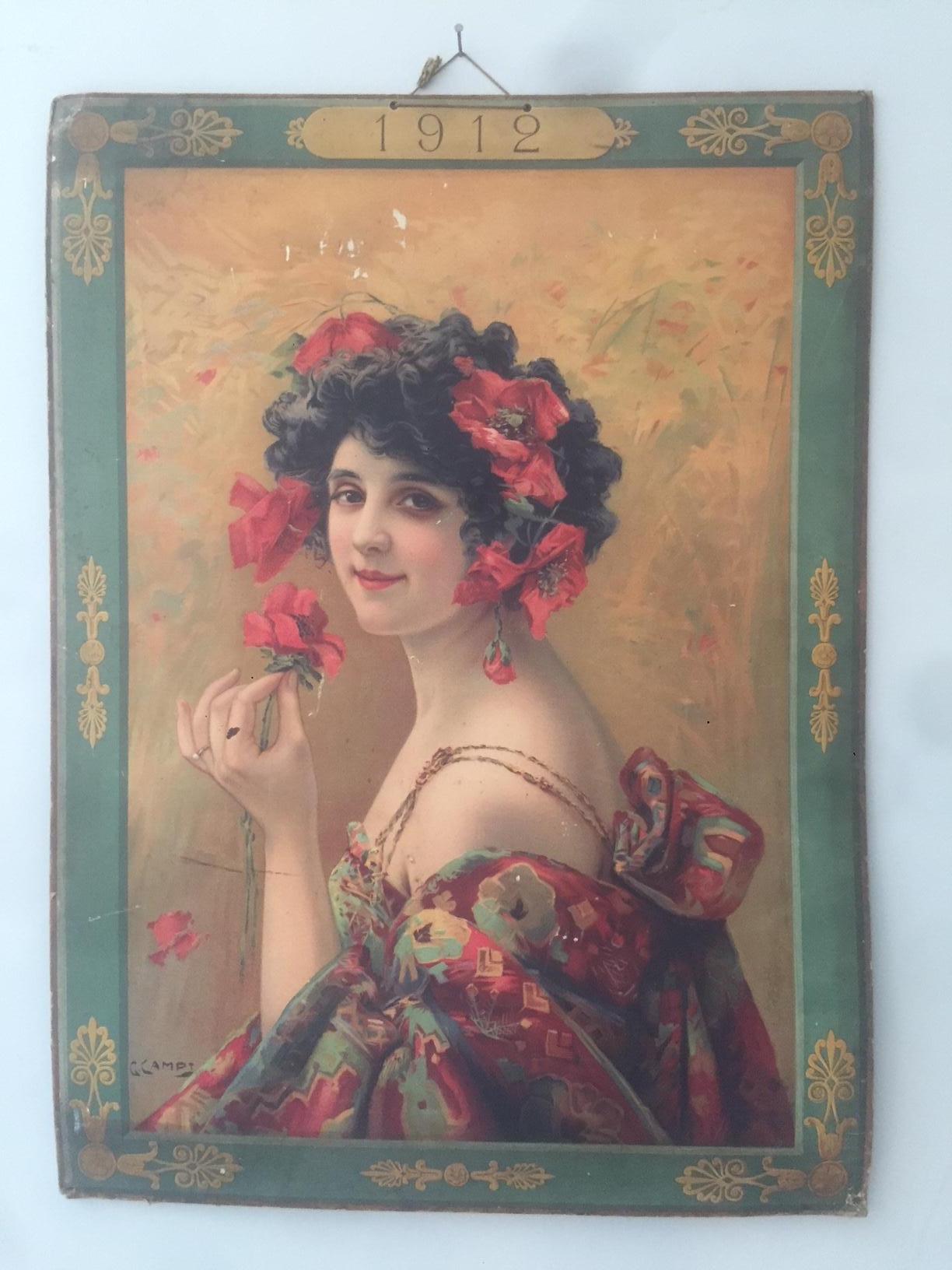 Beautiful early 20th century advertising poster edited in 1912s representing a Romantic French young women with red flowers in her hair. Very nice authentic colors.
Stuck on cardboard. Assured crush!
Signed by Gaspar Camps. Little bit damaged in