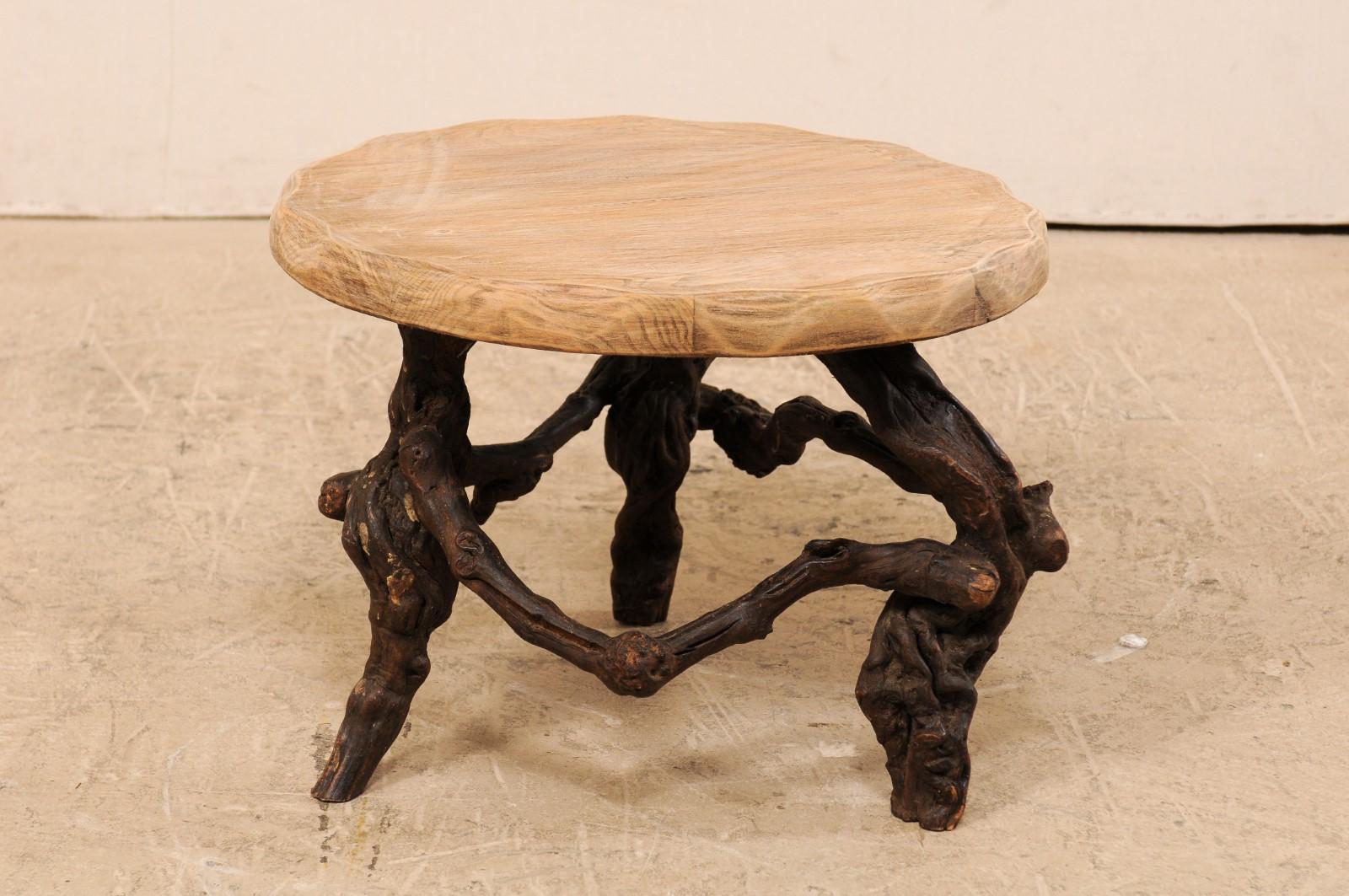 Rustic French Early 20th Century Small Wood Coffee Table with Grapevine Base For Sale