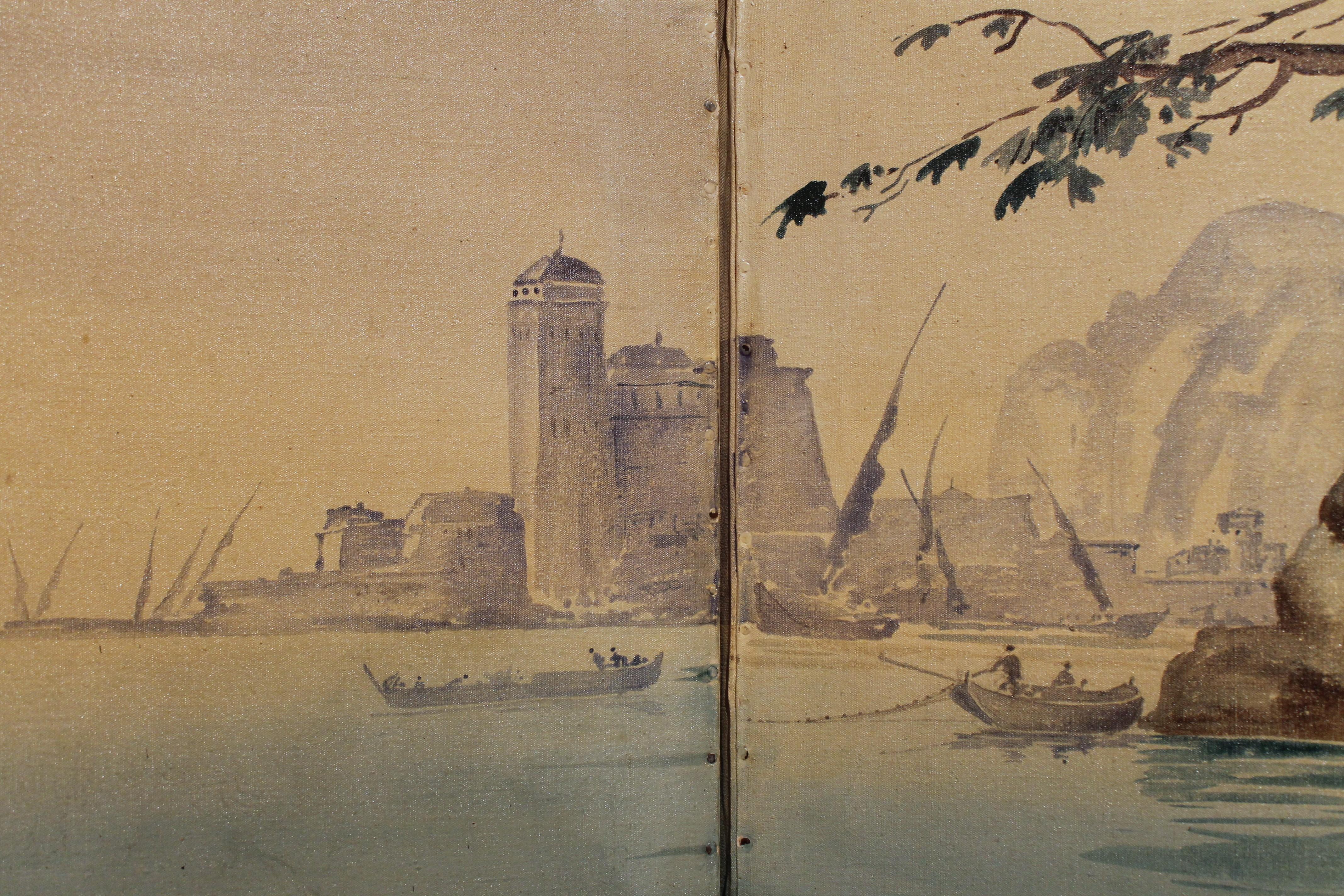 Tempera sur toile du début du 20e siècle, paravent avec vue sur la mer en vente 3