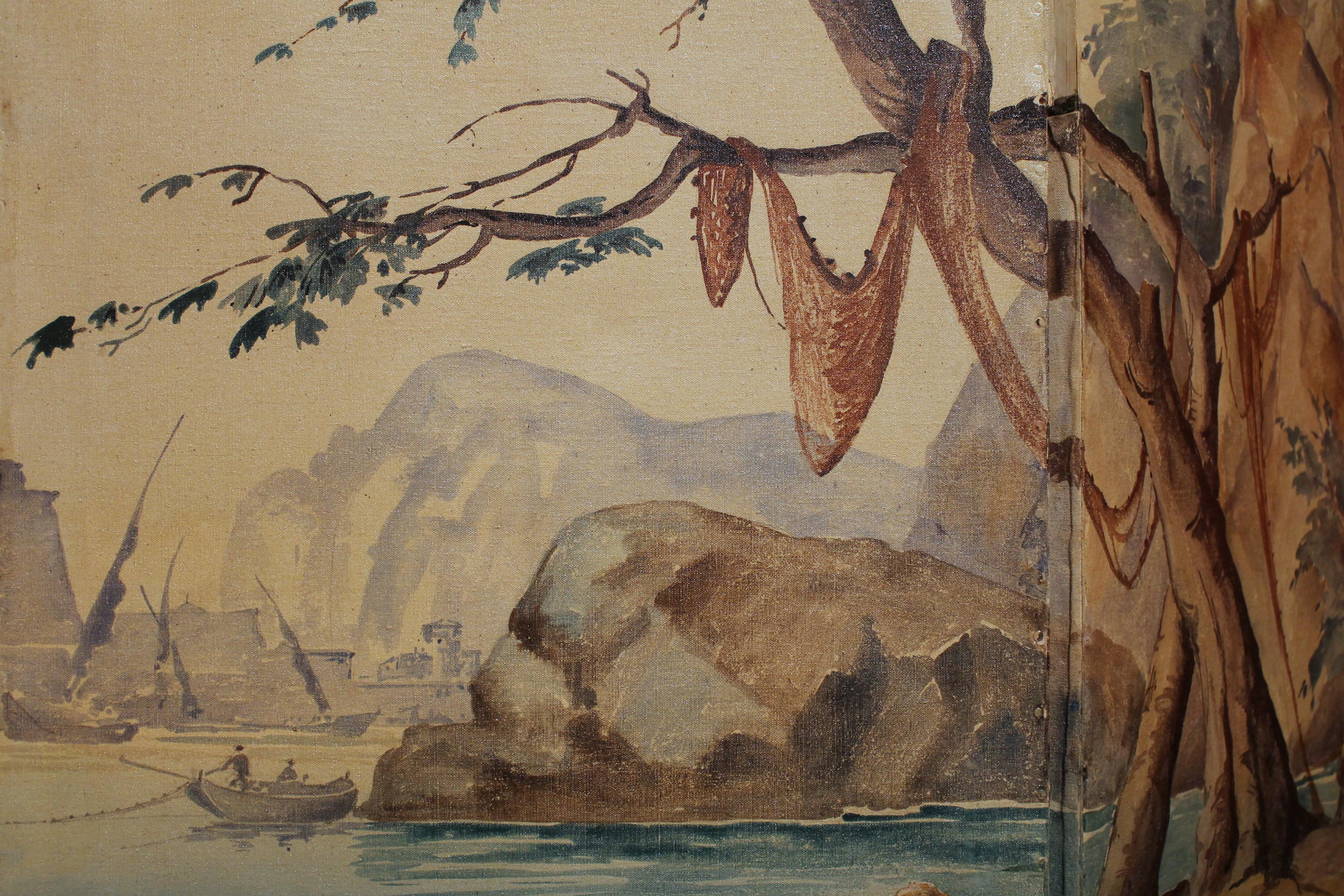 French Early 20th Century Tempera on Canvas Folding Screen with Seascape View For Sale 7