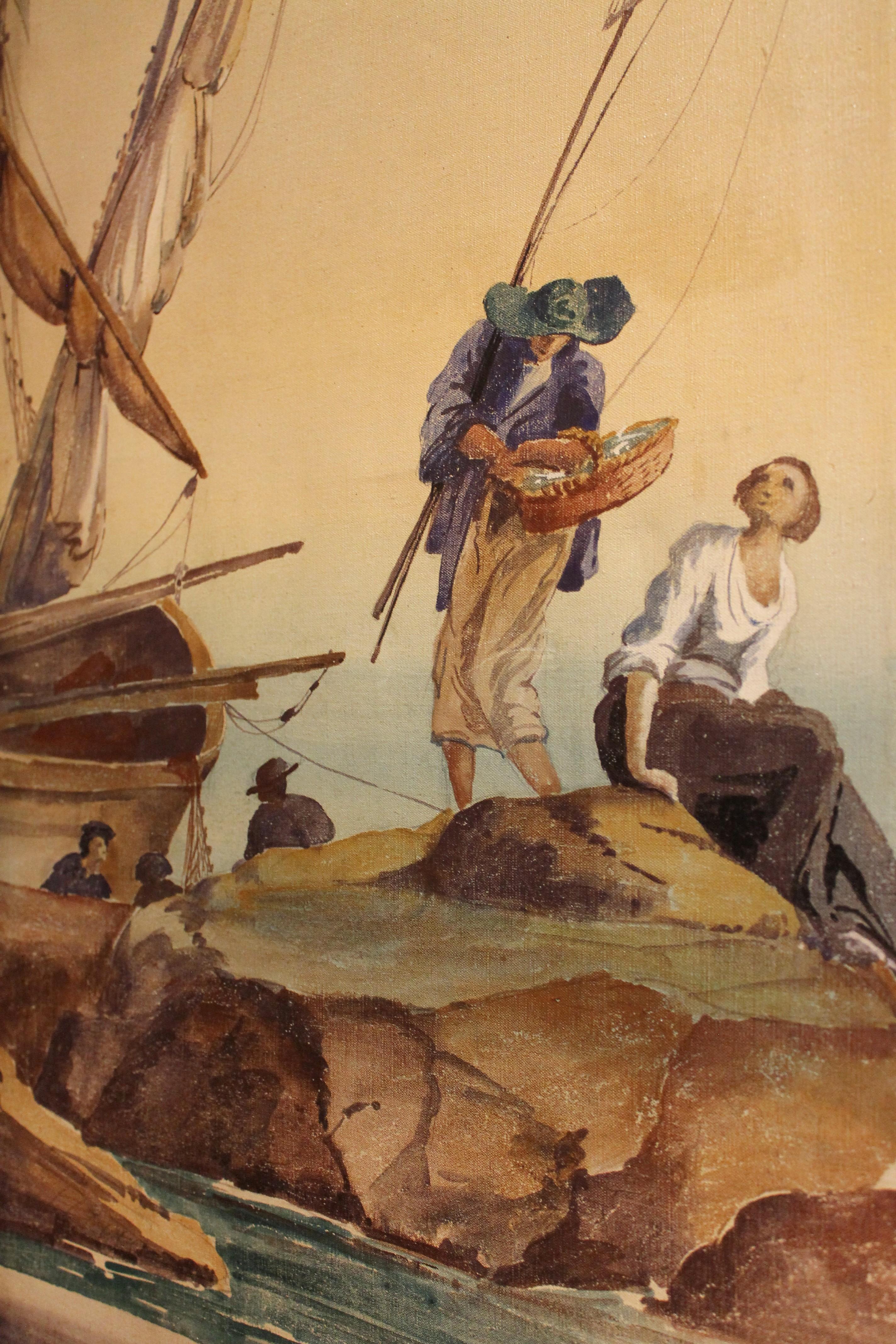 Laqué Tempera sur toile du début du 20e siècle, paravent avec vue sur la mer en vente