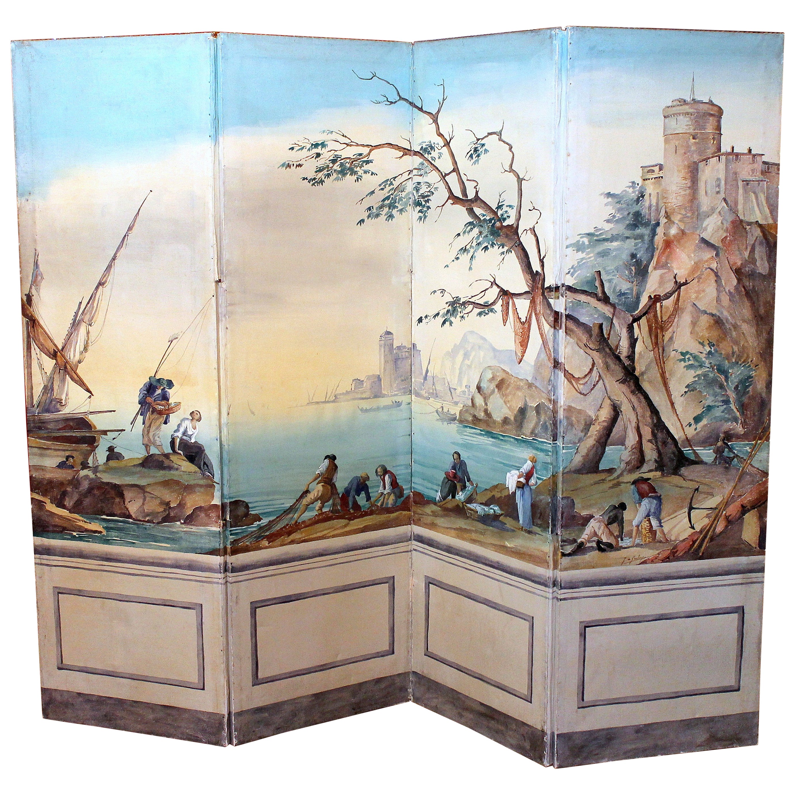 Französisch Anfang des 20. Jahrhunderts Tempera auf Leinwand Folding Screen mit Seelandschaft Blick