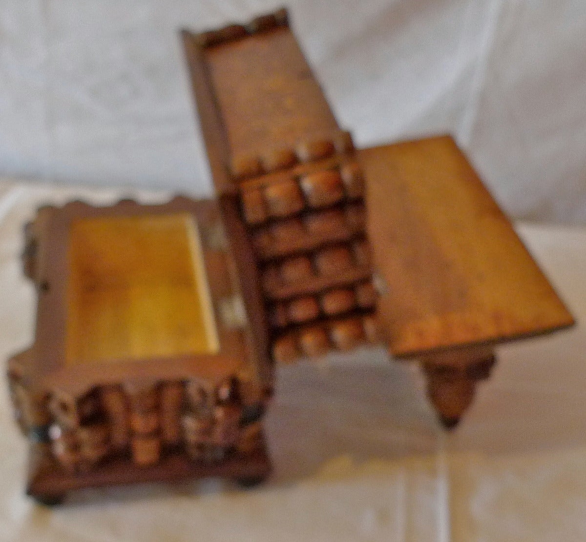 French Early 20th Century Tramp Art Carved and Stained Walnut Double Jewelry Box 6