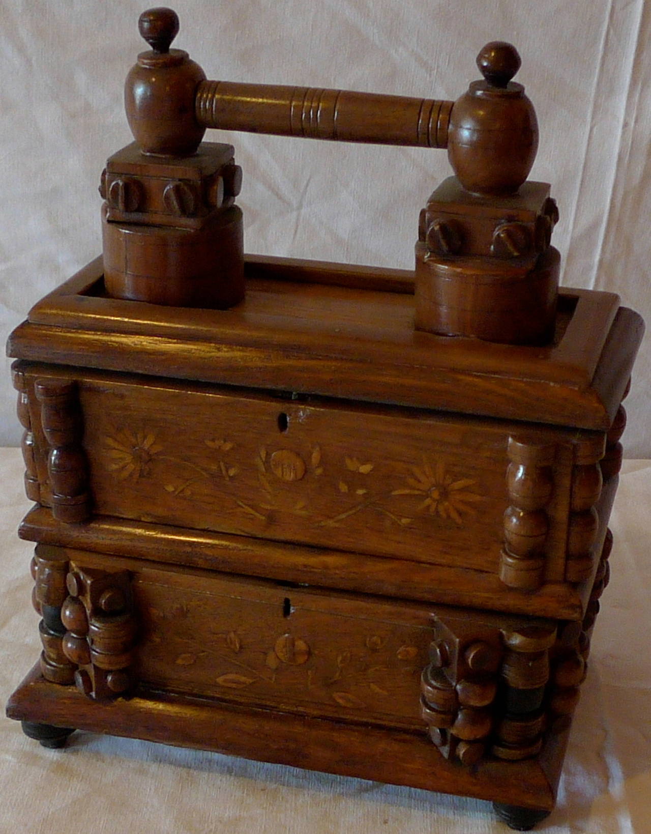 French early 20th century Tramp Art carved and stained walnut double jewelry box.