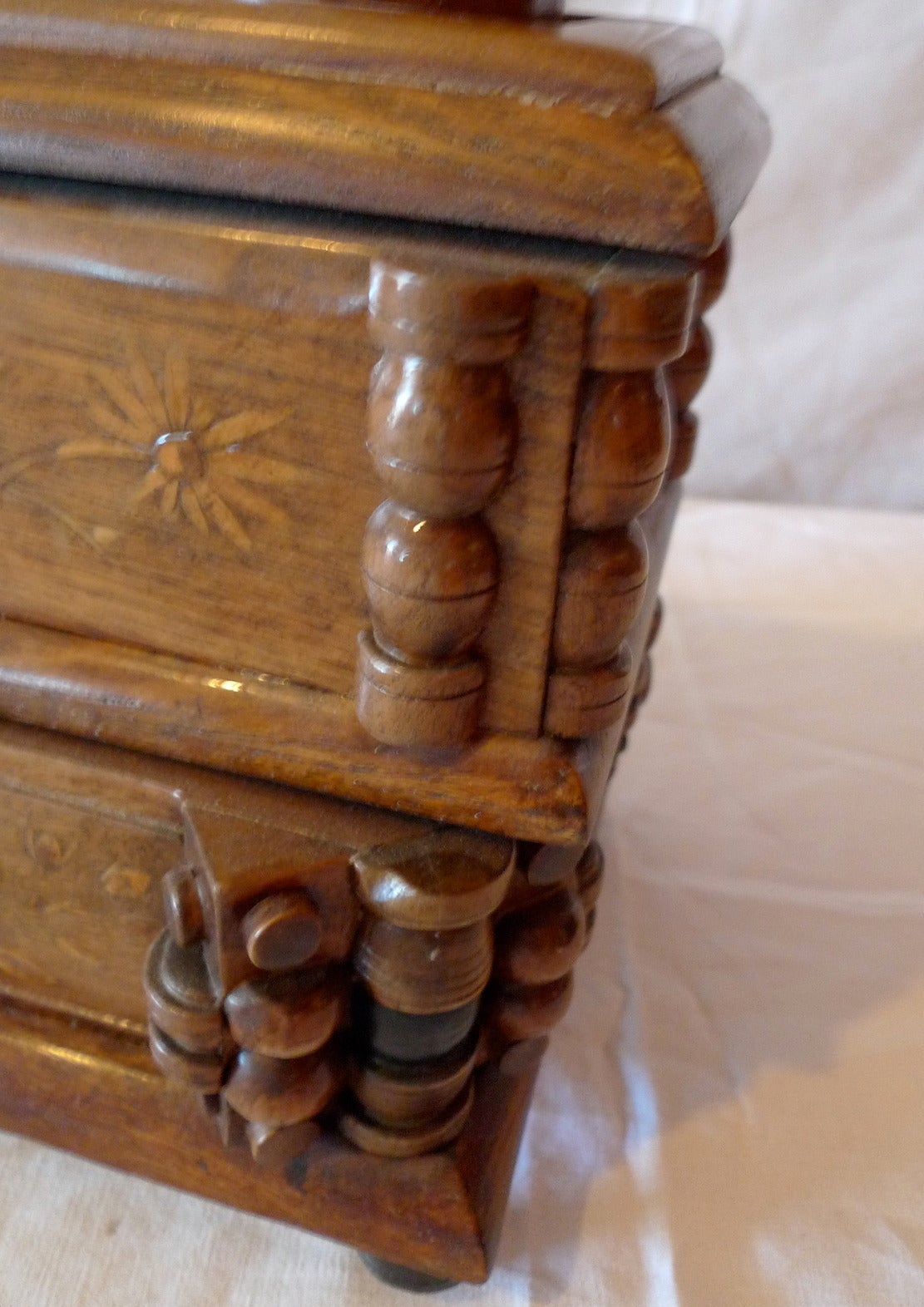 Hand-Carved French Early 20th Century Tramp Art Carved and Stained Walnut Double Jewelry Box
