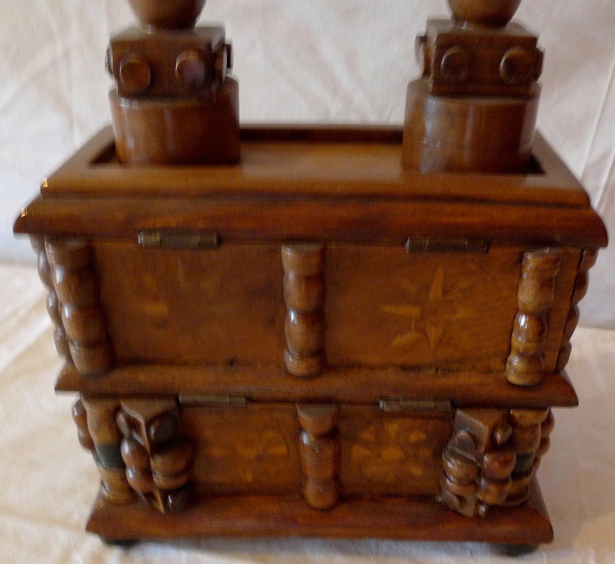 French Early 20th Century Tramp Art Carved and Stained Walnut Double Jewelry Box 1