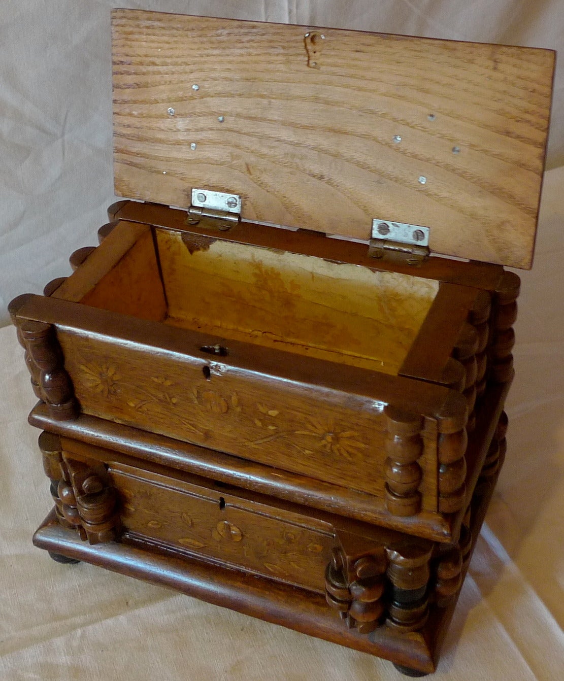 French Early 20th Century Tramp Art Carved and Stained Walnut Double Jewelry Box 3