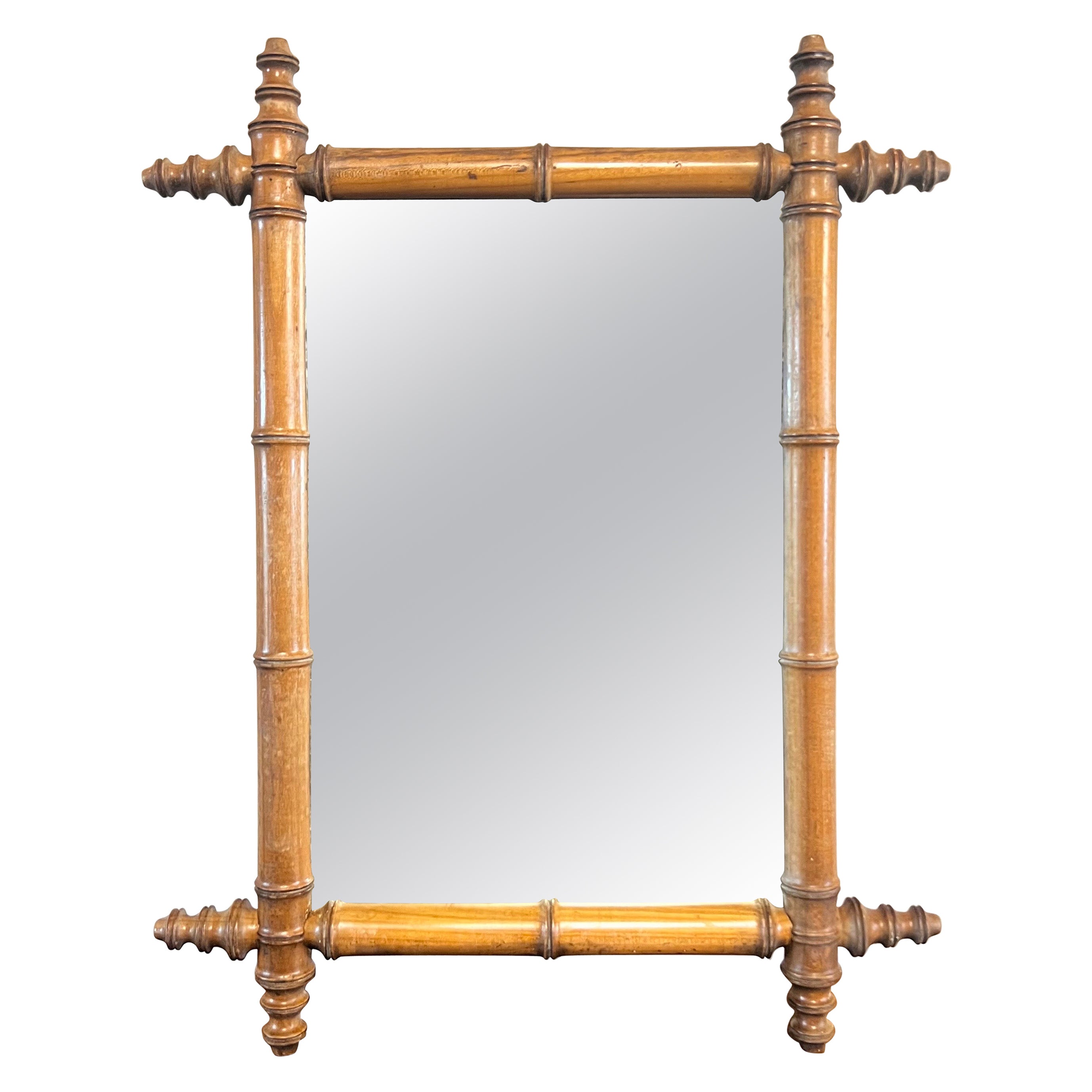 French Early 20th Century Walnut Faux Bamboo Wall Mirror For Sale