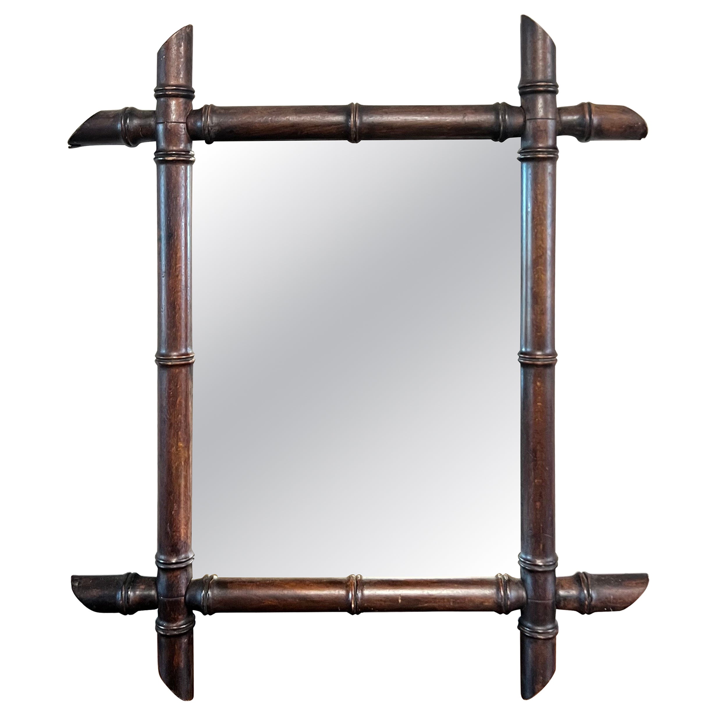 French Early 20th Century Walnut Faux Bamboo Wall Mirror For Sale
