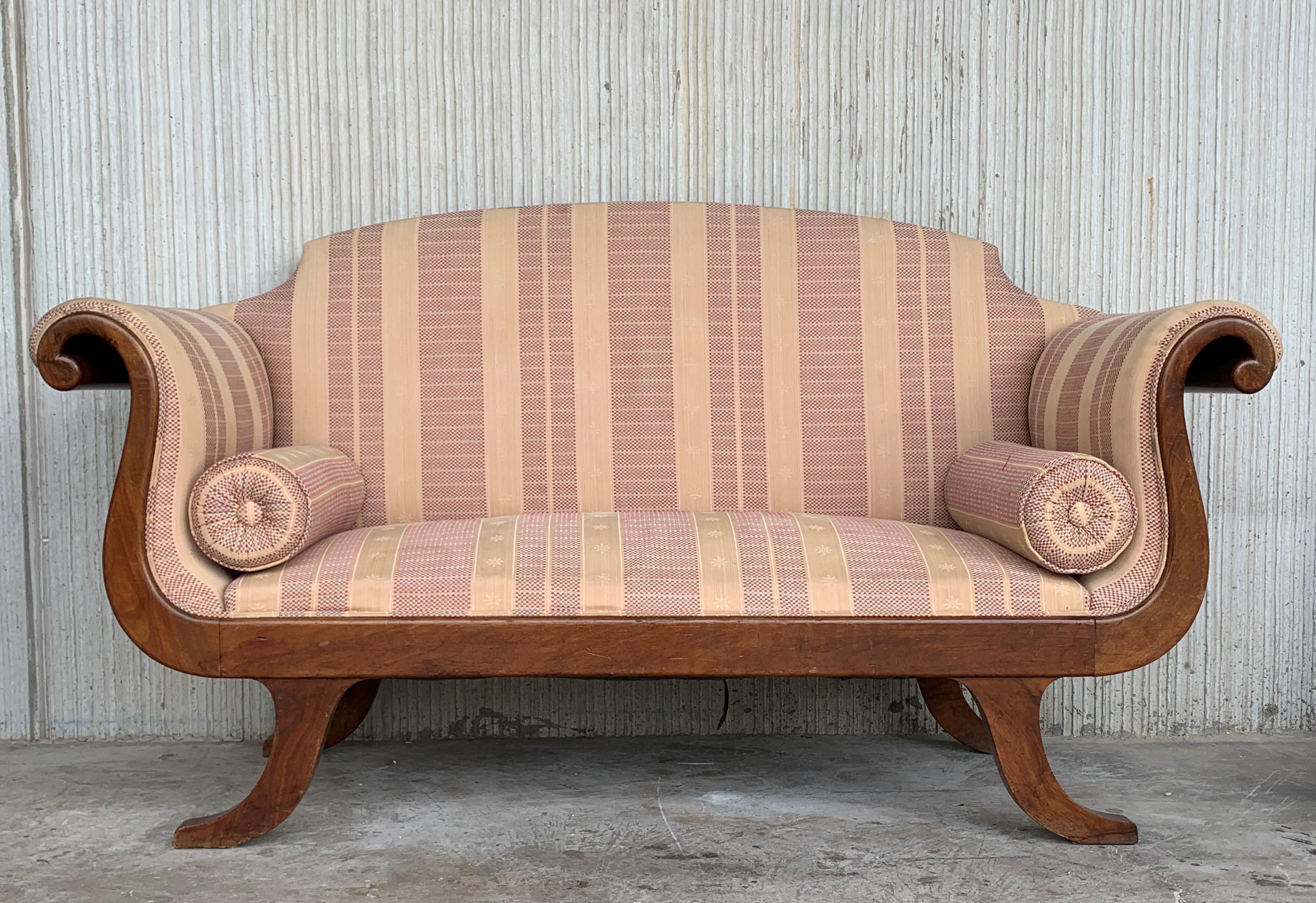 Early 20th Regency style with fluted scrolled wood arms sofa or setee.
Reupholstered.