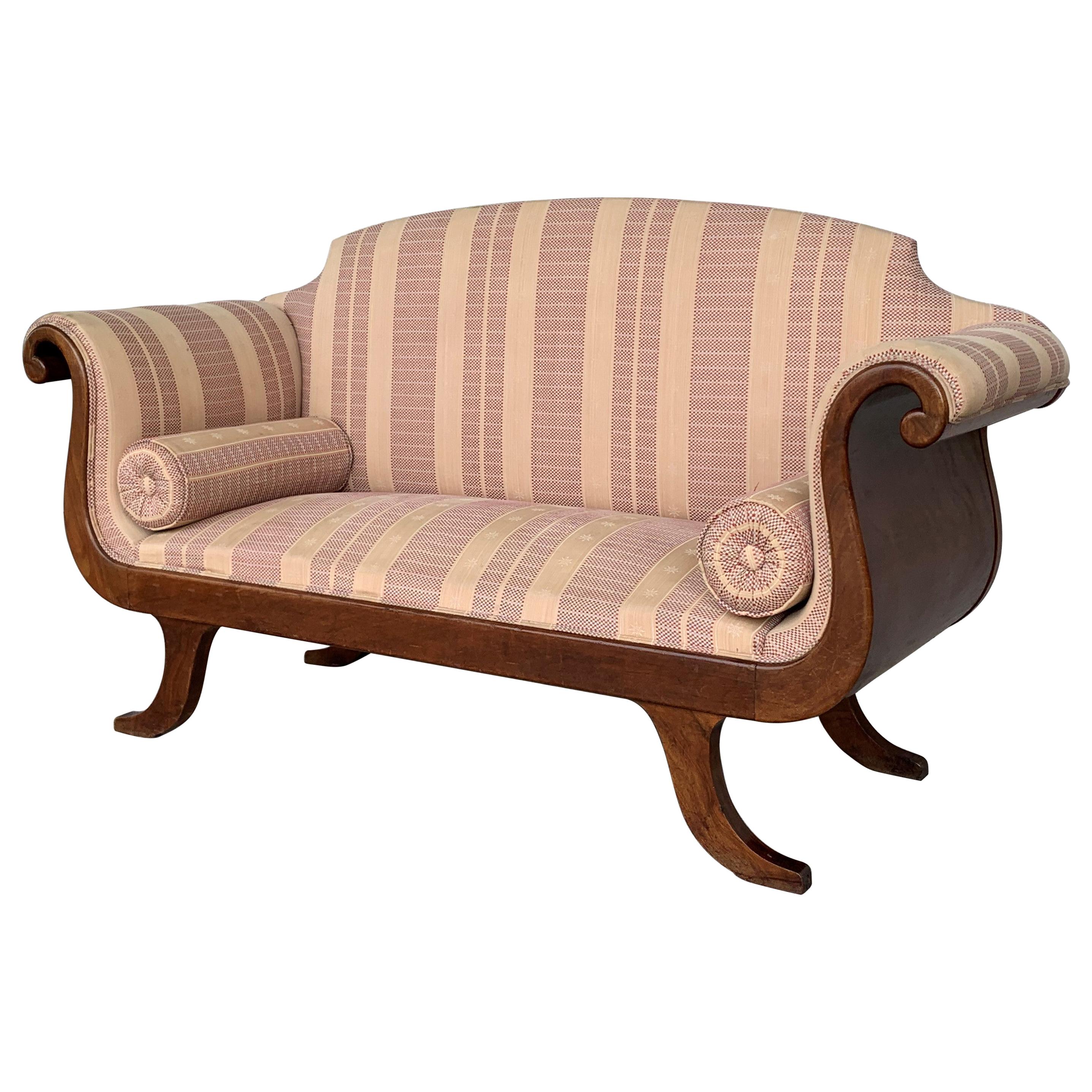 French Early 20th Regency Style Wood Scroll Arms Sofa or Setee For Sale