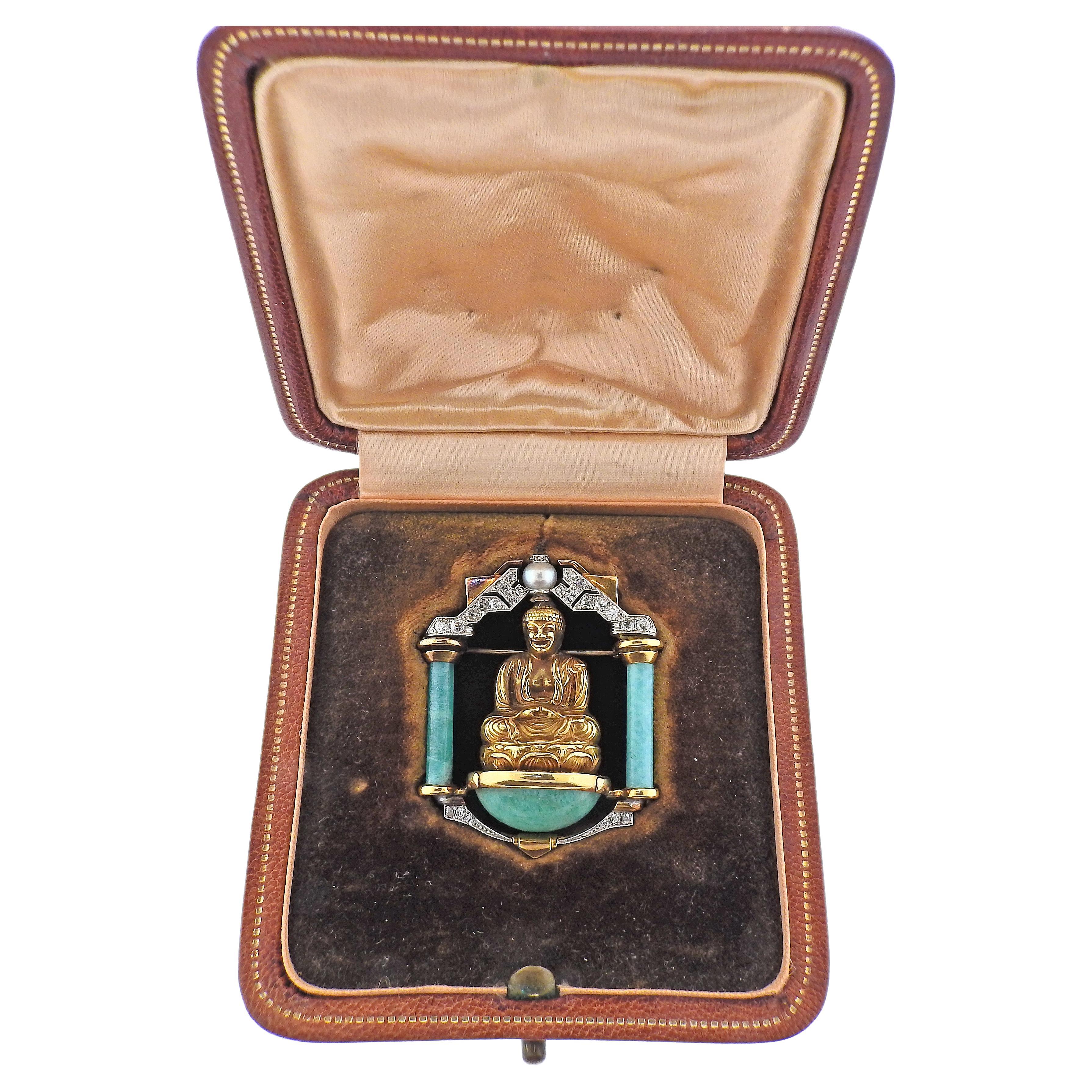 French Early Art Deco Platinum Gold Diamond Pearl Jade Buddha Brooch Pin For Sale