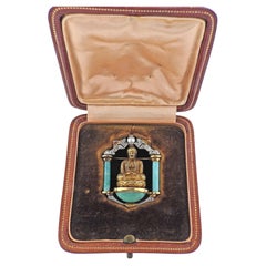 Buddha-Brosche/Anstecknadel, frühes Art déco Platin Gold Diamant Perle Jade