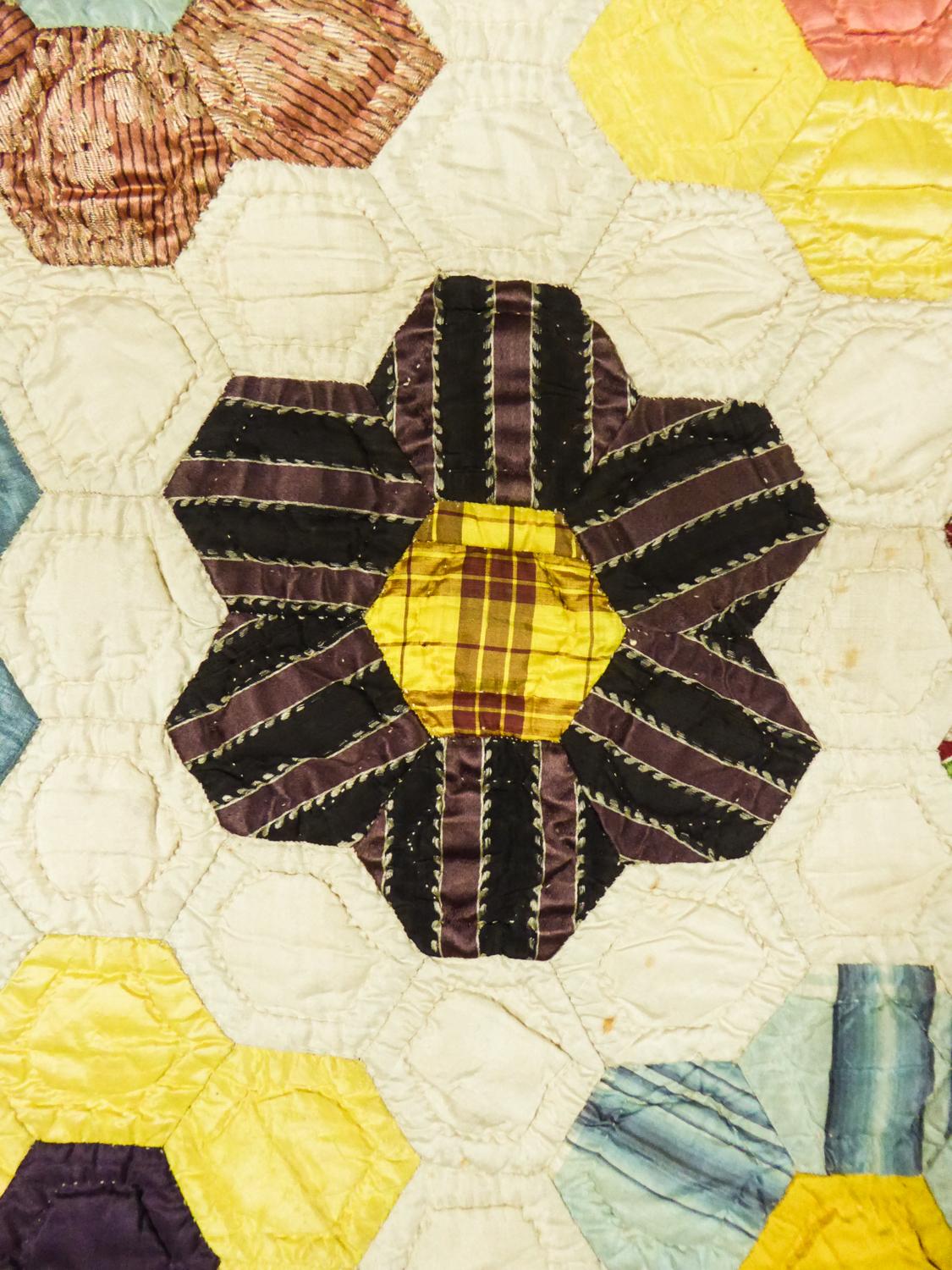 French Early Quilt in Patchwork of Silks from the 18th Century 7