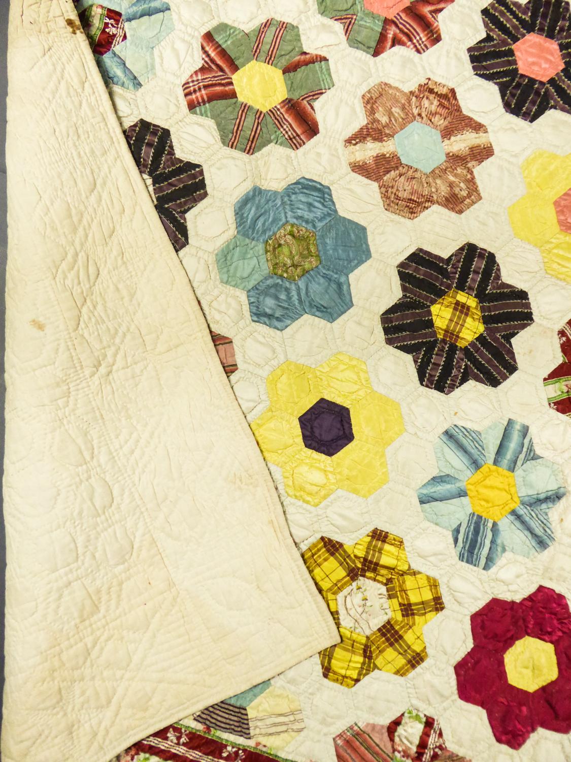 French Early Quilt in Patchwork of Silks from the 18th Century 11