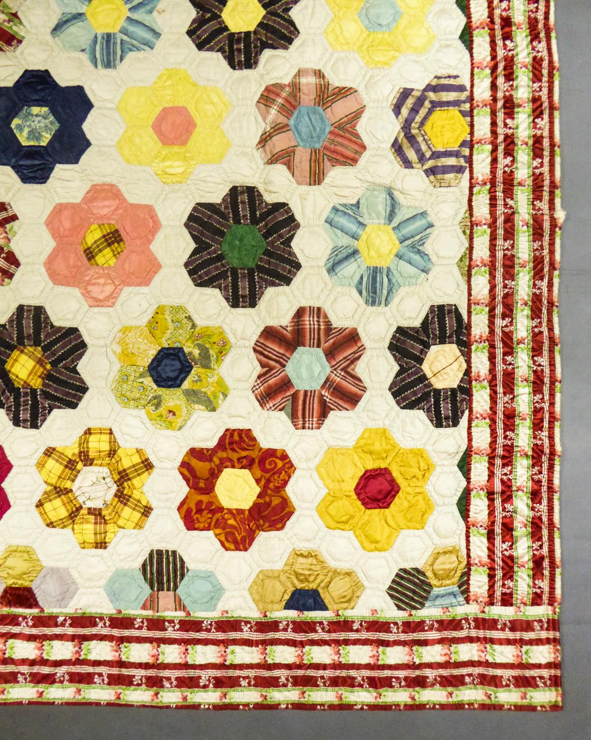 Beige French Early Quilt in Patchwork of Silks from the 18th Century