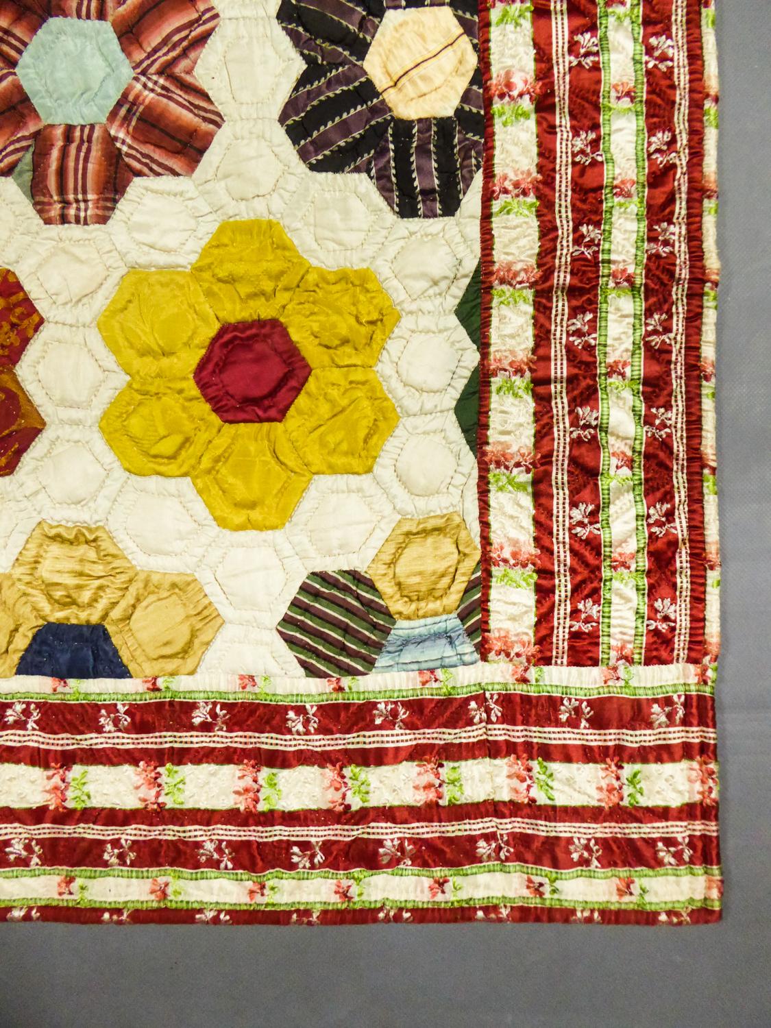 French Early Quilt in Patchwork of Silks from the 18th Century 2