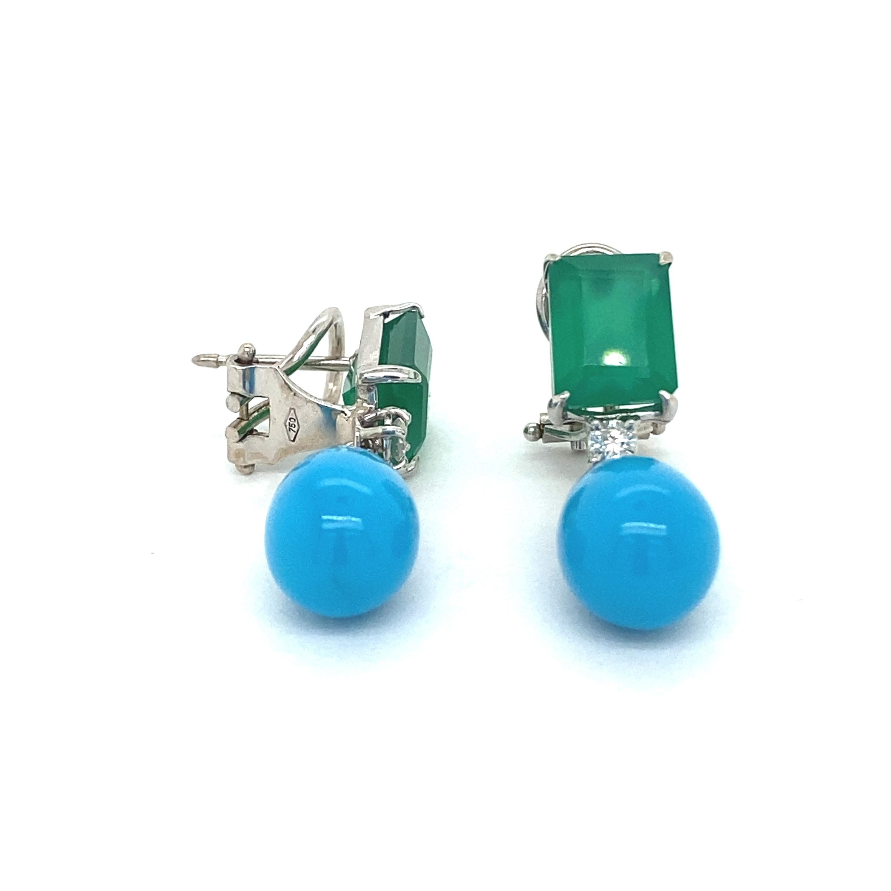 Mixed Cut French Earrings, Green Agate, 0.14K Diamonds and Turquoises For Sale