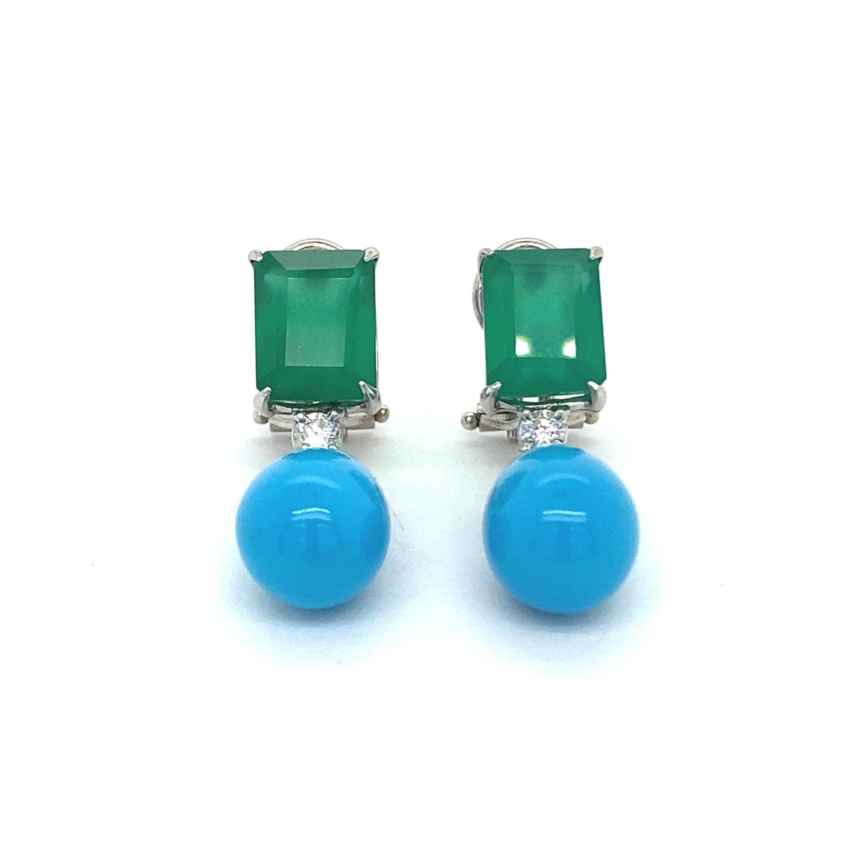 French Earrings, Green Agate, 0.14K Diamonds and Turquoises In New Condition For Sale In Vannes, FR