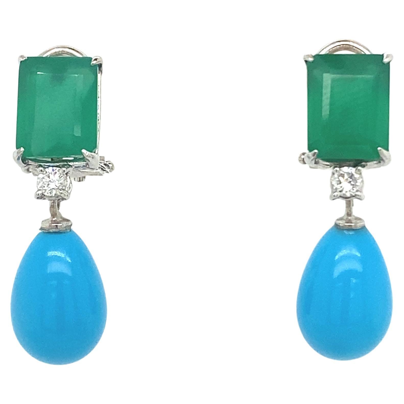 French Earrings, Green Agate, 0.14K Diamonds and Turquoises For Sale