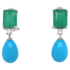 French Earrings, Green Agate, 0.14K Diamonds and Turquoises