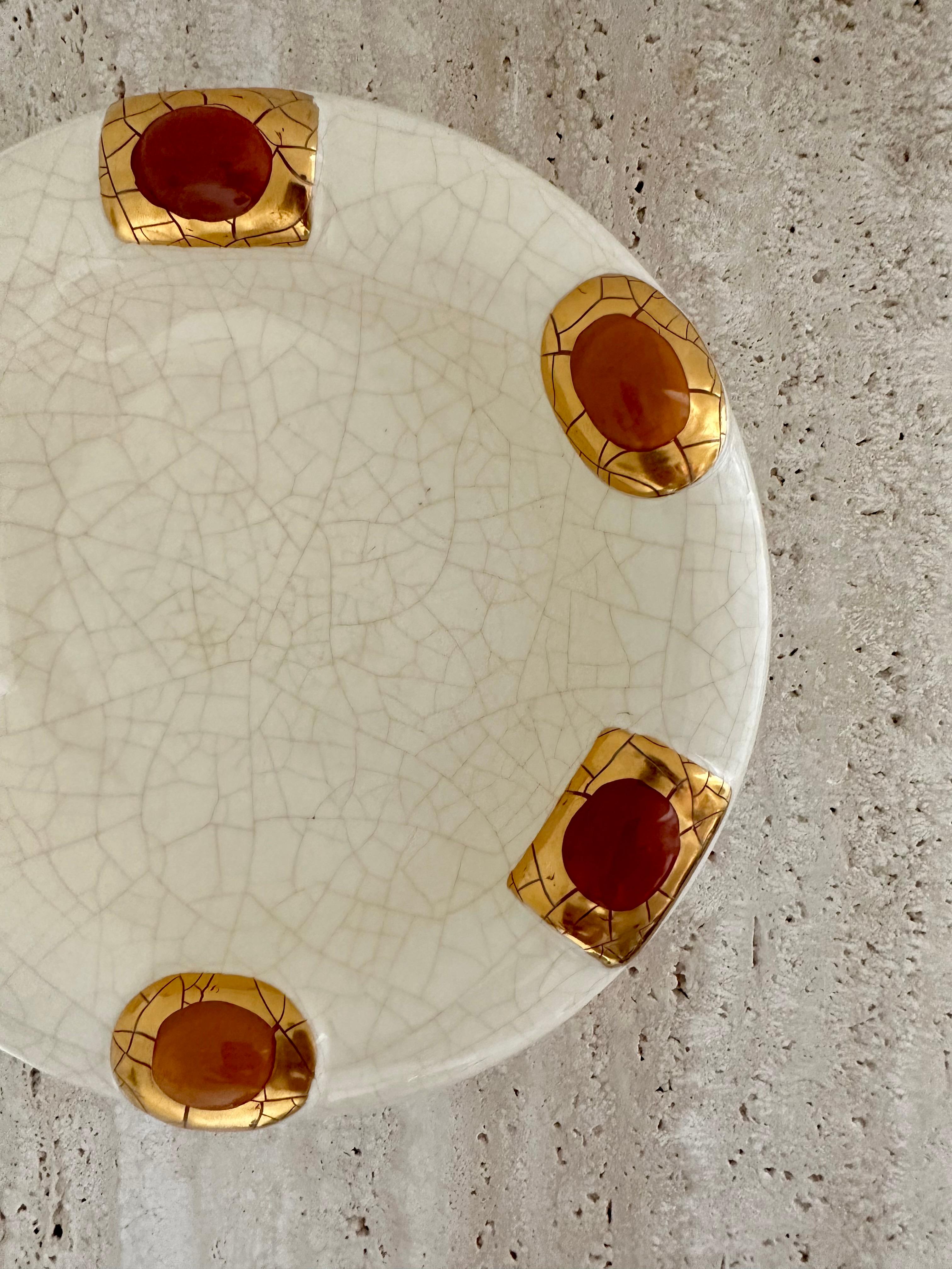 French earthenware crackle glaze dish with enamel decor by Faienceries de Longwy 1