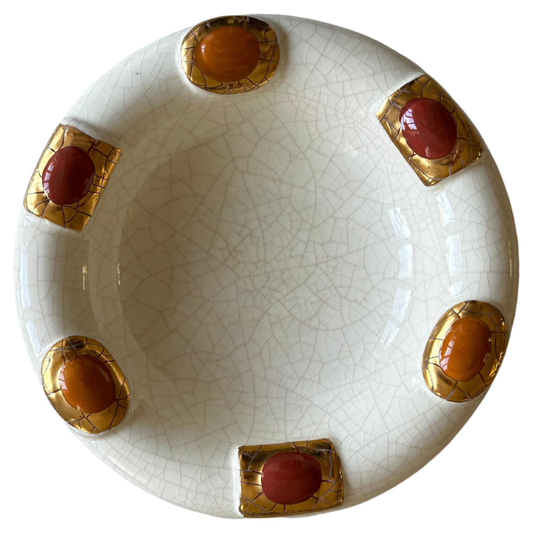 French earthenware crackle glaze dish with enamel decor by Faienceries de Longwy