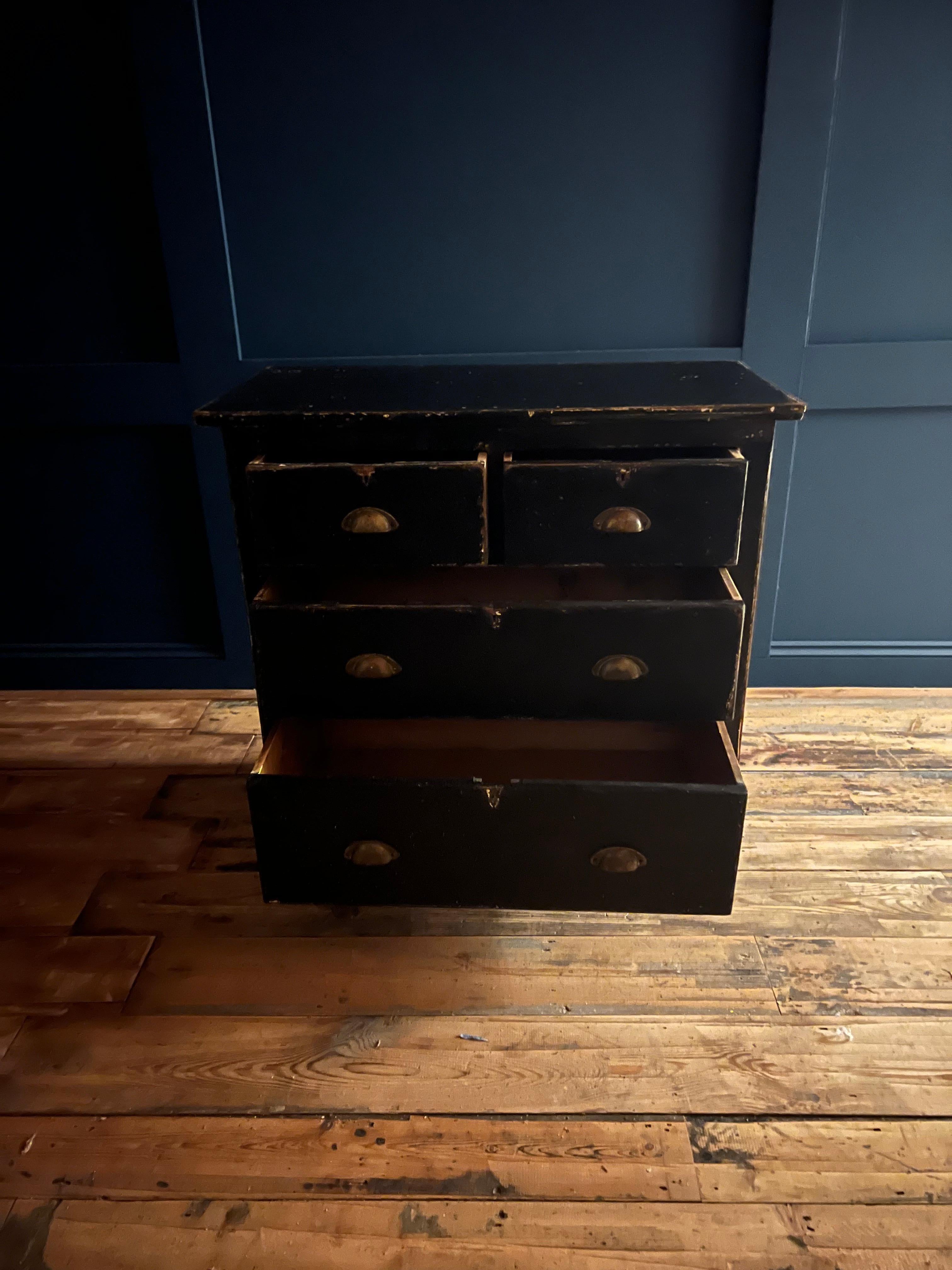 Brass French Ebonised Distressed Pine Chest of Drawers/Dresser c.1930's For Sale