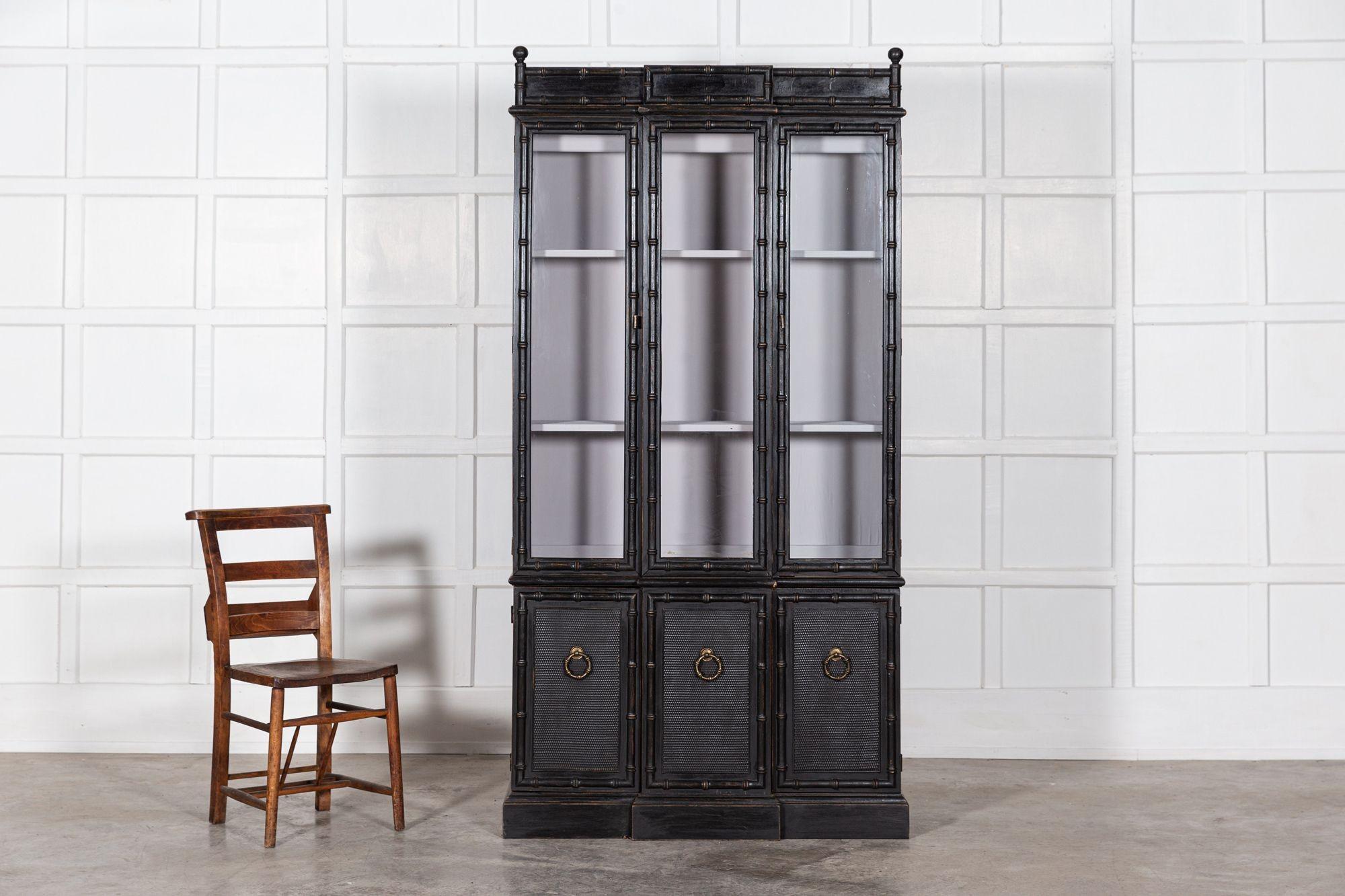 20th Century French Ebonised Faux Bamboo Beech Glazed Breakfront Bookcase / Vitrine For Sale