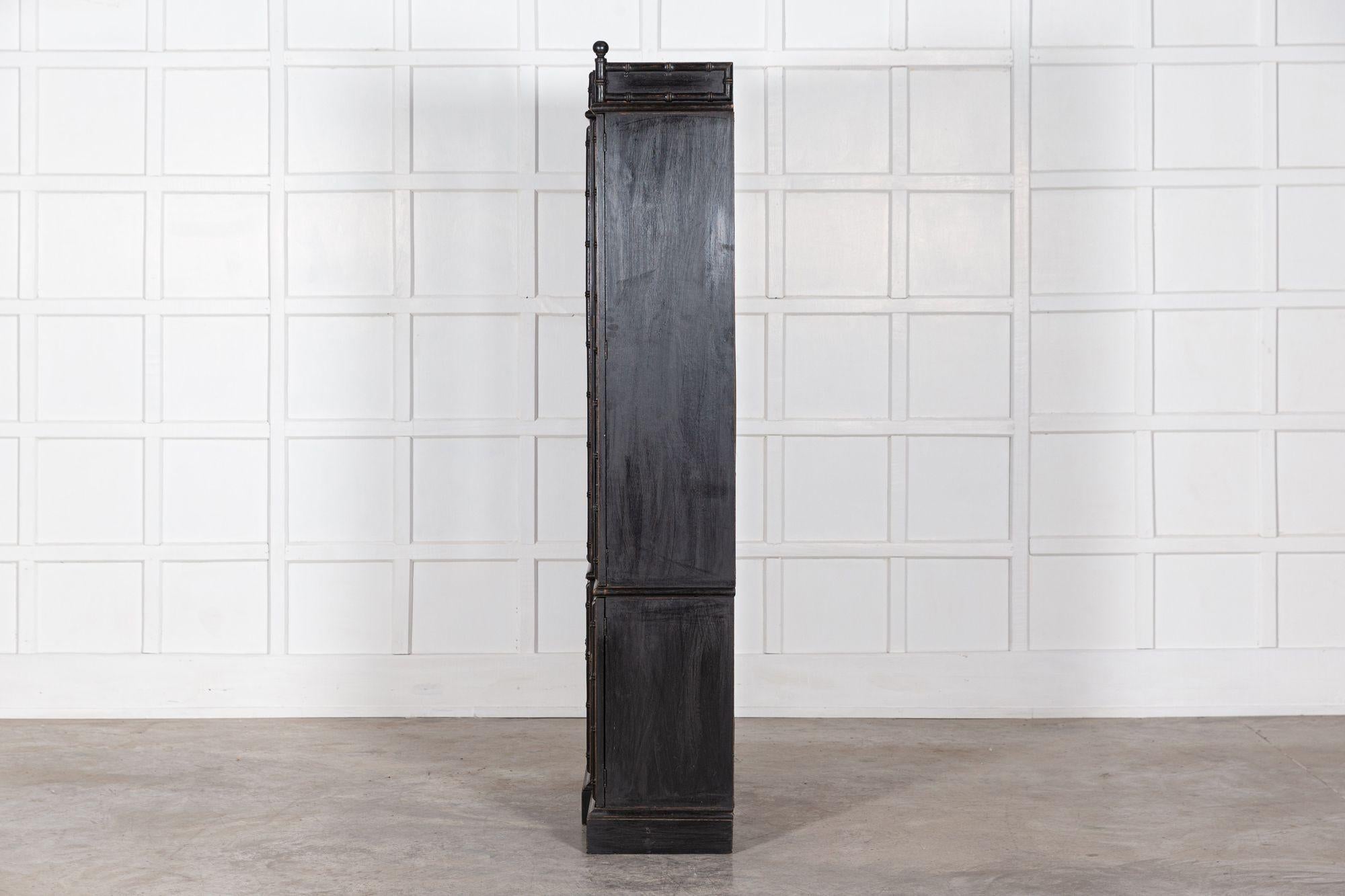 French Ebonised Faux Bamboo Beech Glazed Breakfront Bookcase / Vitrine For Sale 4