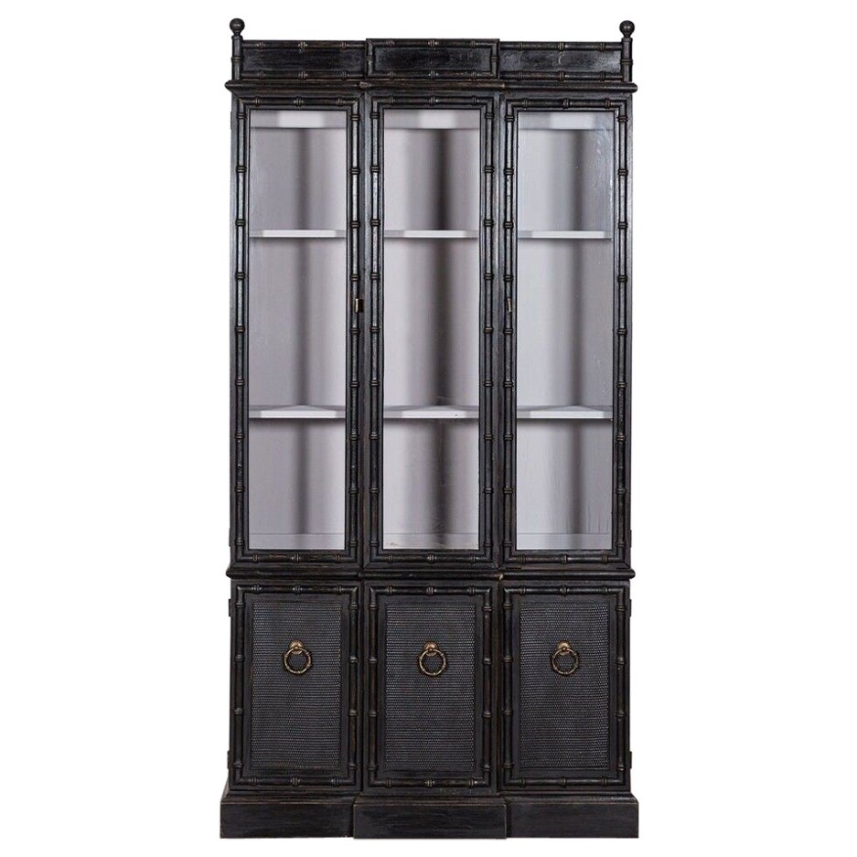 French Ebonised Faux Bamboo Beech Glazed Breakfront Bookcase / Vitrine