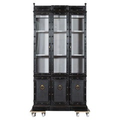 French Ebonised Faux Bamboo Beech Glazed Breakfront Bookcase / Vitrine