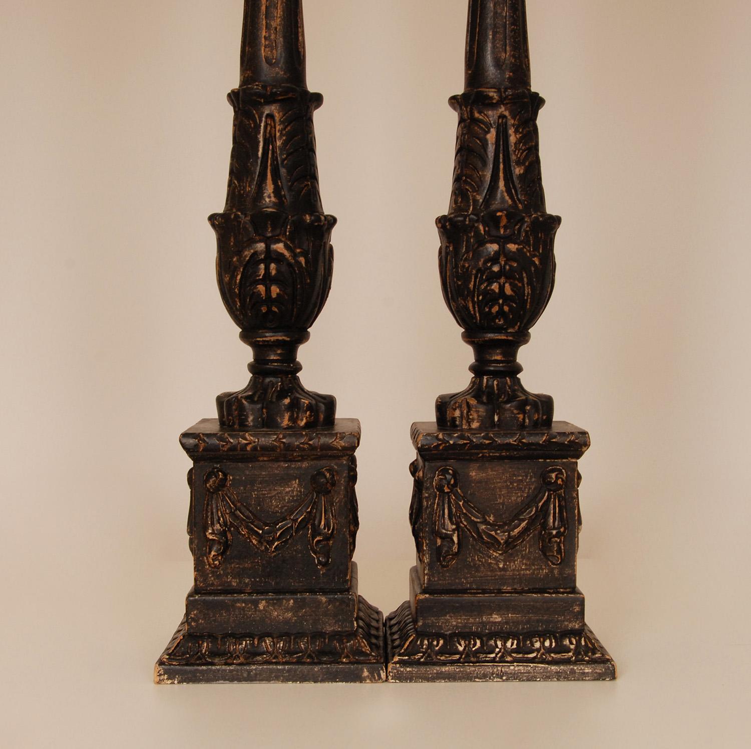 Vintage Tall French black Ebonised Neoclassical Lamps with Cream Baroque shades.
Style, Vintage, Neoclassical, Mid Century, Traditional, Classic, France, Louis XVI
Design: Traditional Neoclassical carved and ebonised Column lamps in the manner of