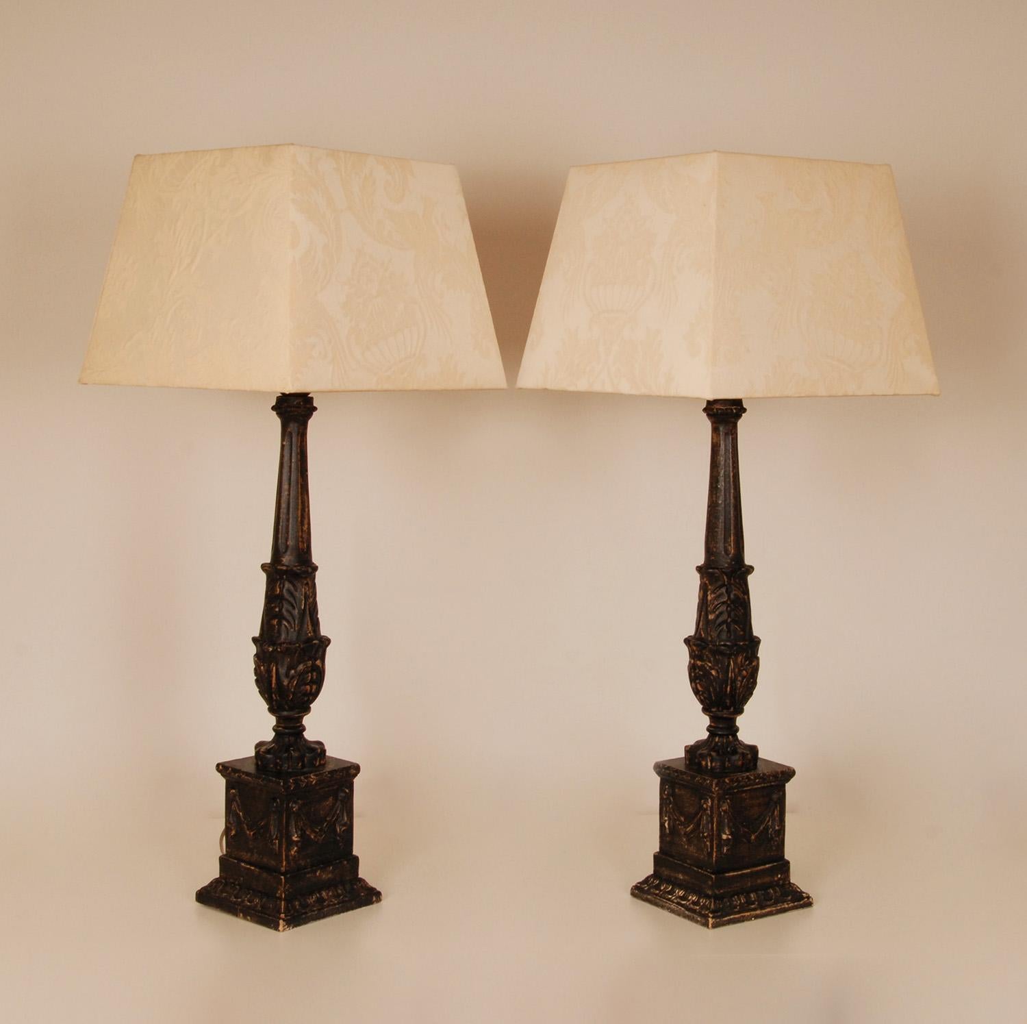 Late 20th Century French Ebonised Lamps Neoclassical Carved Column Baroque Table lamps a pair  For Sale