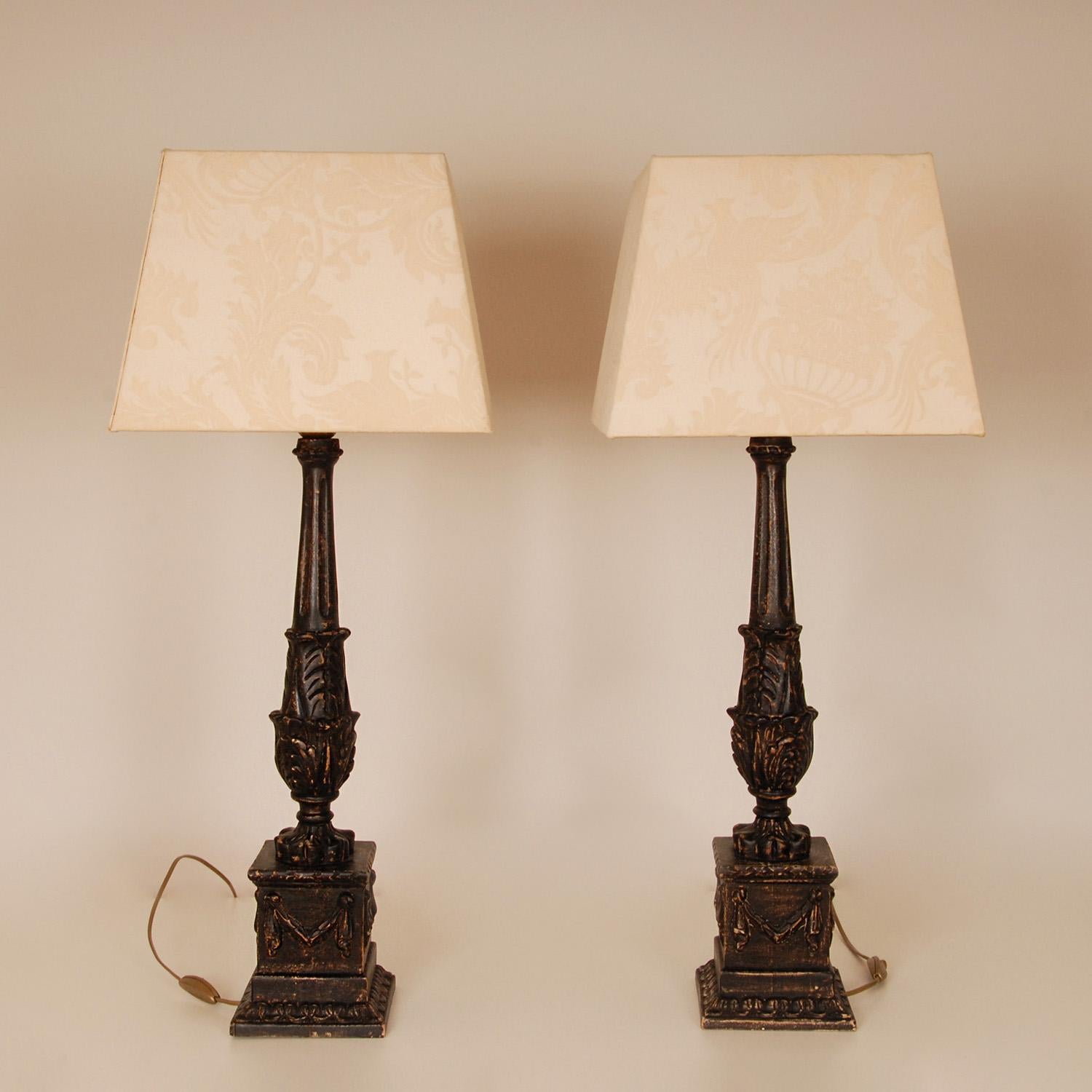 Fabric French Ebonised Lamps Neoclassical Carved Column Baroque Table lamps a pair  For Sale