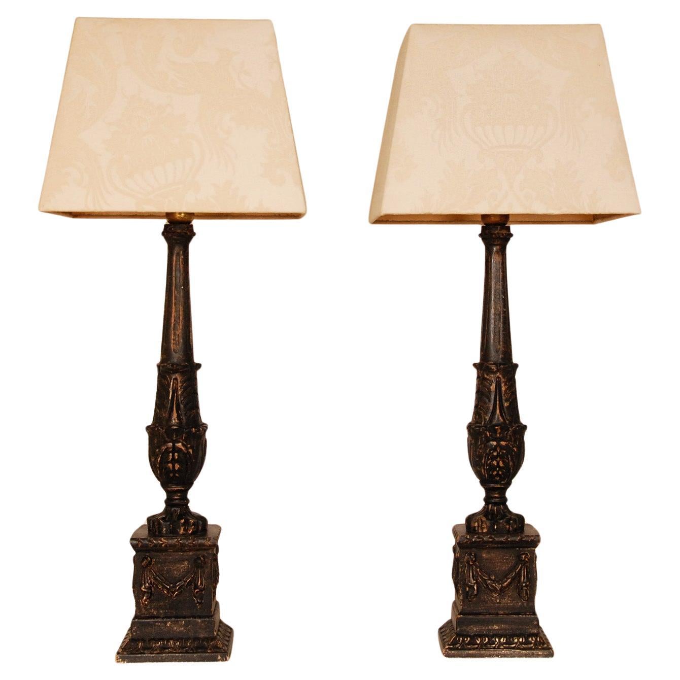 French Ebonised Lamps Neoclassical Carved Column Baroque Table lamps a pair 