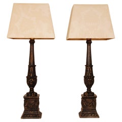 Vintage French Ebonised Lamps Neoclassical Carved Column Baroque Table lamps a pair 
