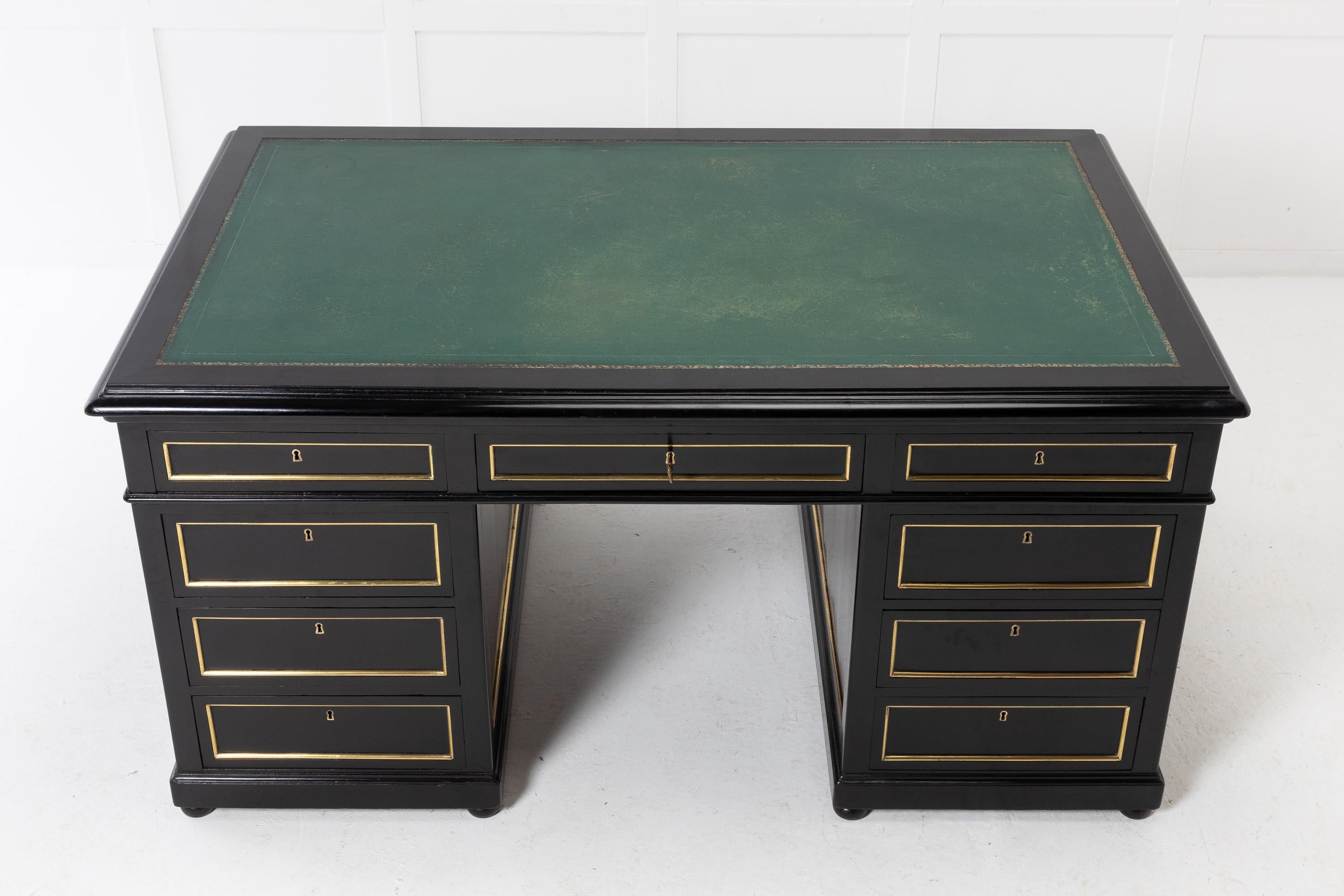 Early 20th Century French Ebonised Pedestal Desk Circa 1900 For Sale