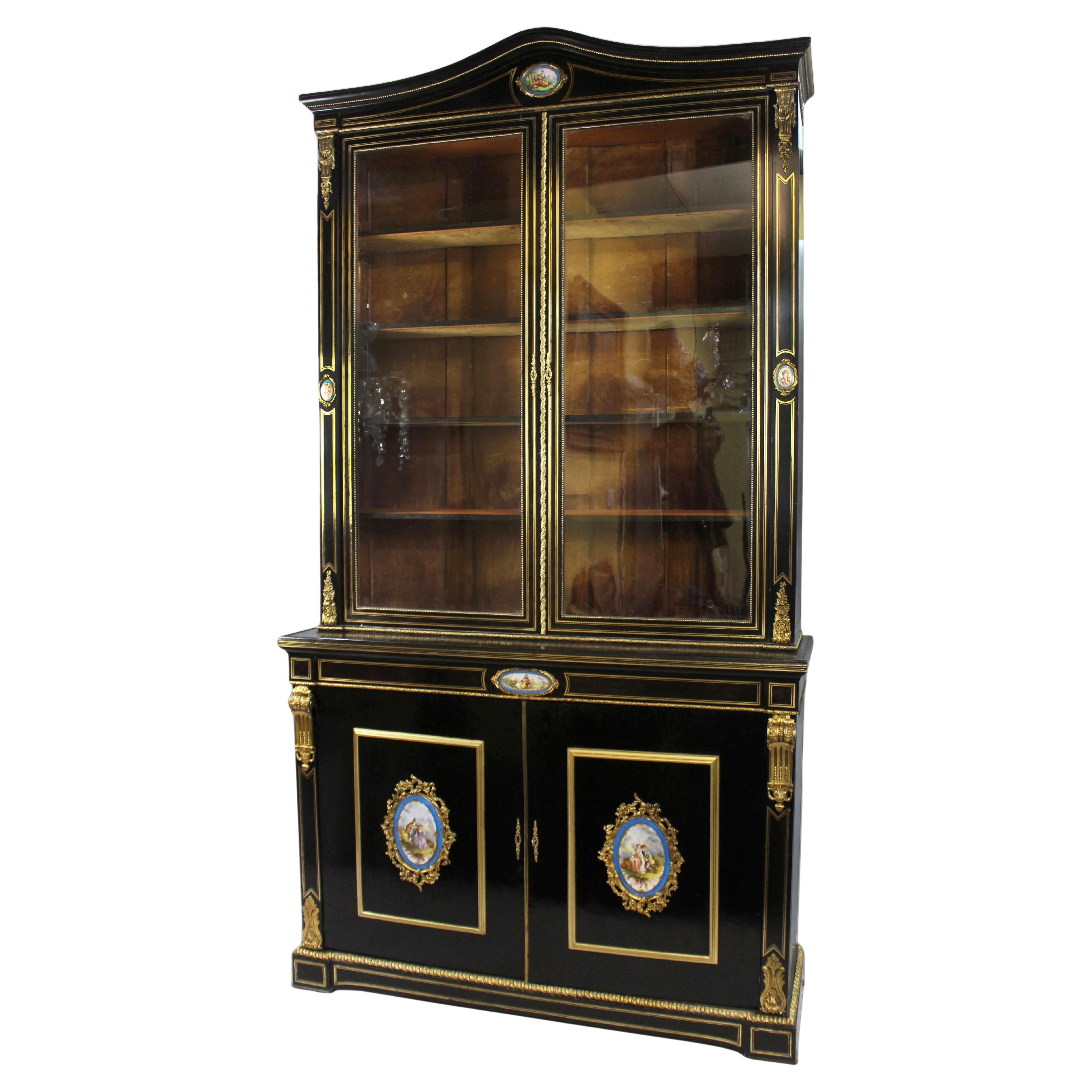 French Ebonized Bookcase with Sevres Plaques, Brass Inlay, Circa 1820