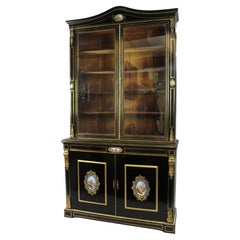 French Ebonized Bookcase with Sevres Plaques, Brass Inlay, Circa 1820