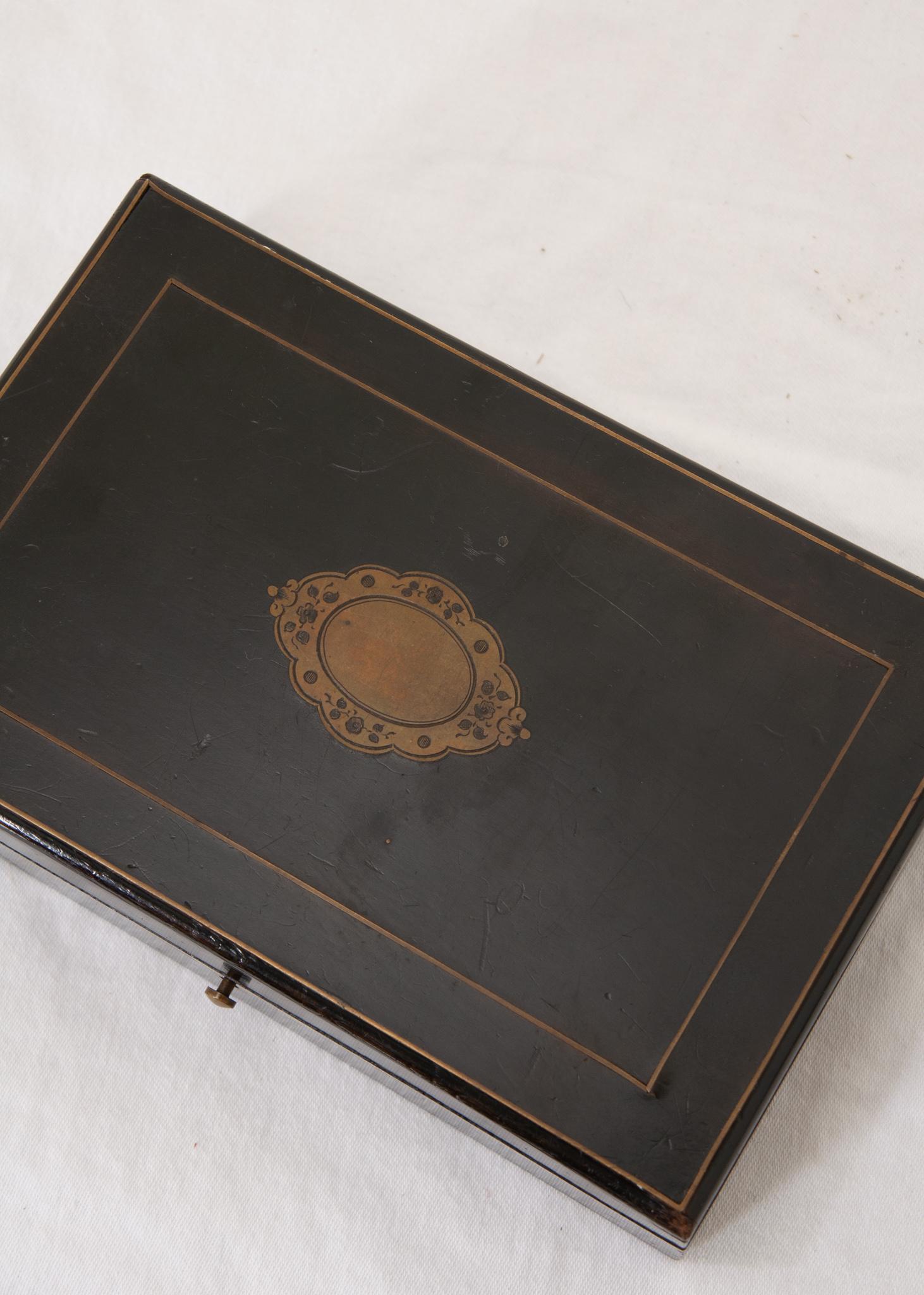 Hand-Carved French Ebonized & Brass Inlay Box For Sale