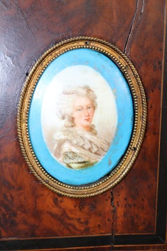 French Ebonized Burled Walnut Secretary Desk Bookcase with Sevres Style Figures