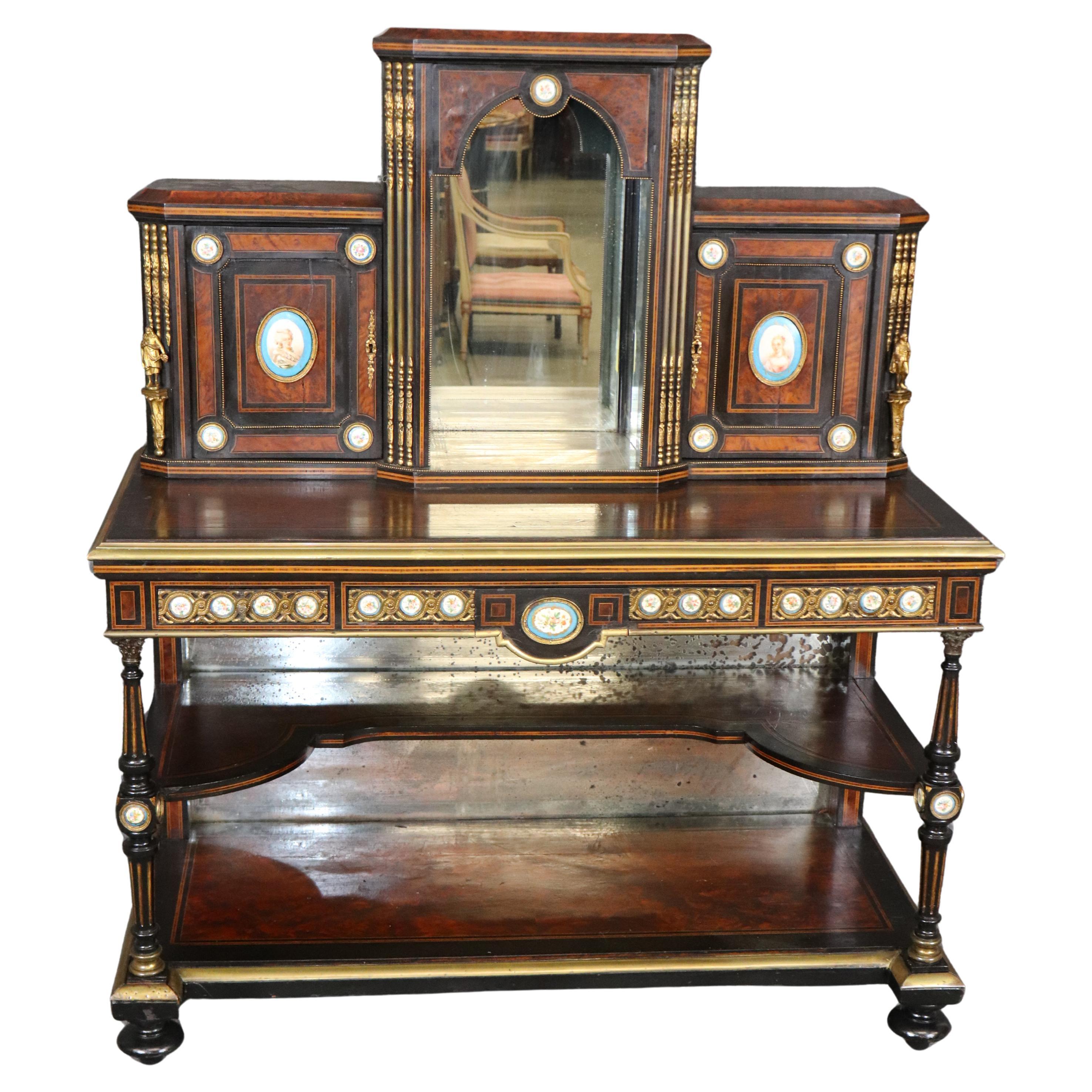 French Ebonized Burled Walnut Secretary Desk Bookcase with Sevres Style Figures