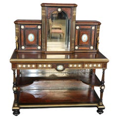 French Ebonized Burled Walnut Secretary Desk Bookcase with Sevres Style Figures