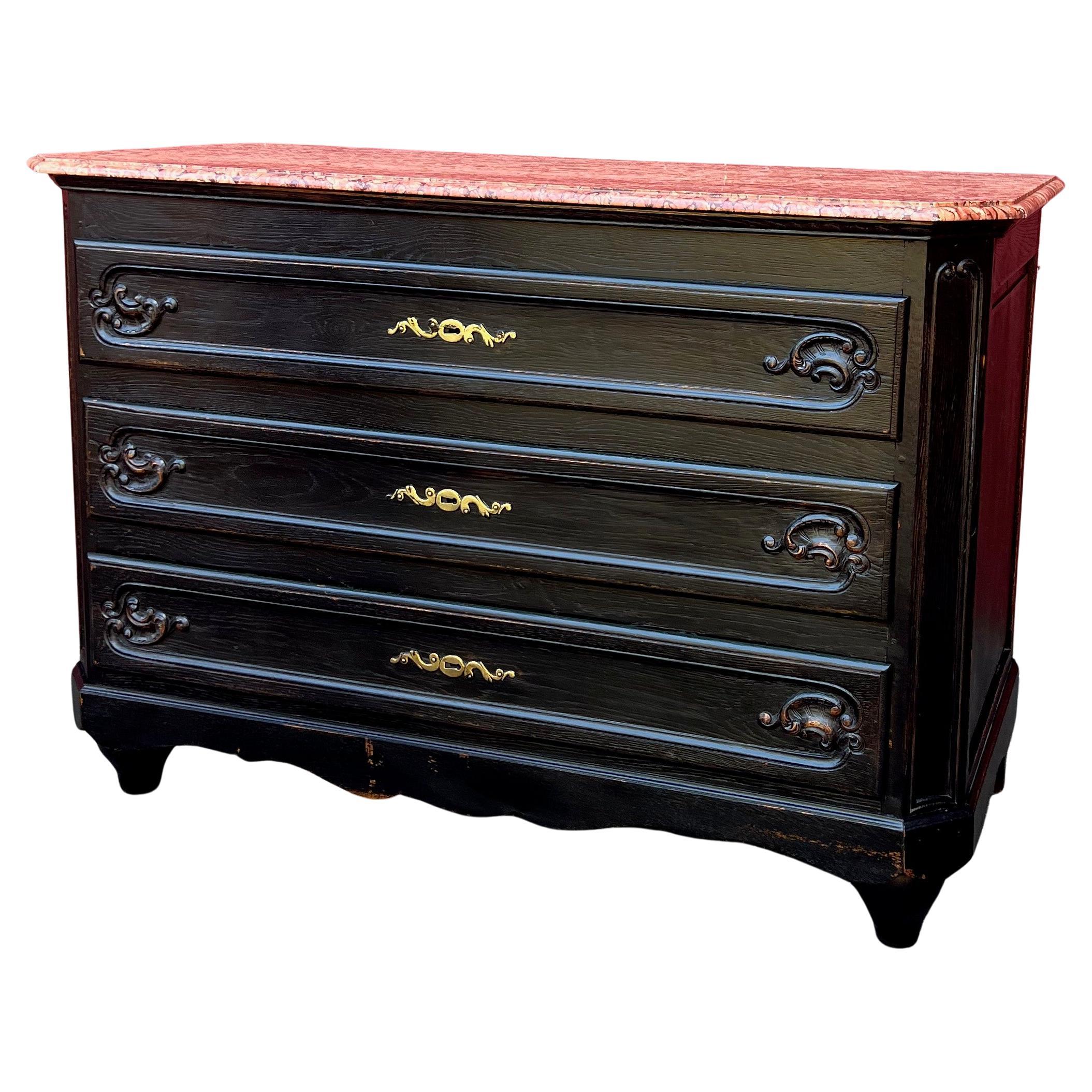 French Ebonized Chest of Drawers with Marble Top For Sale