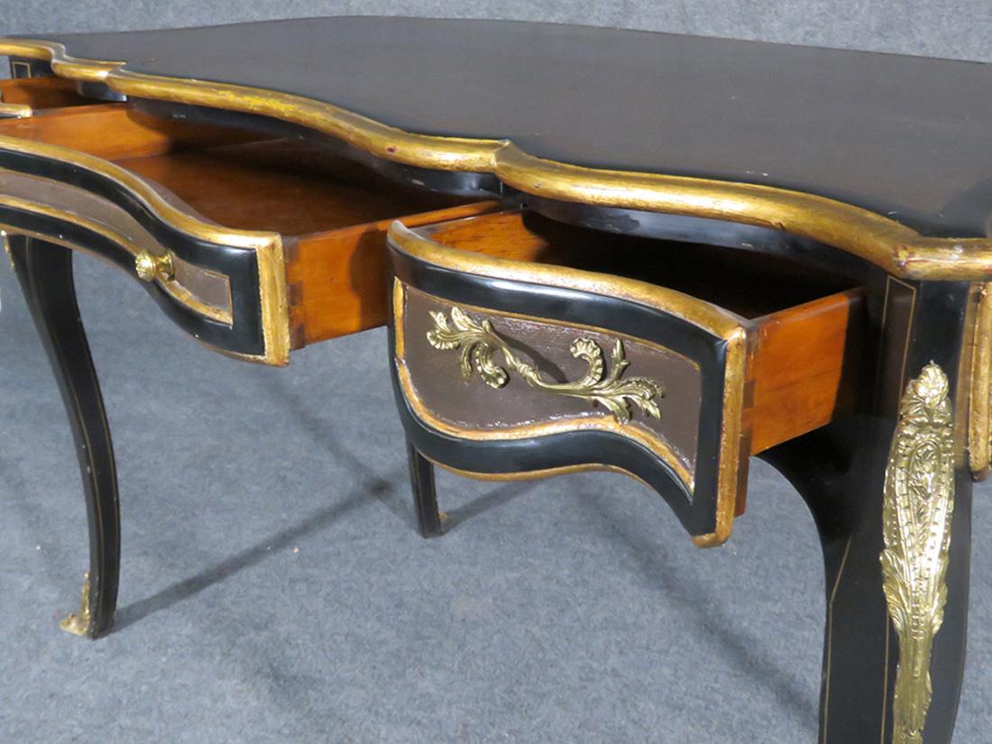 Mid-20th Century French Ebonized Gilded Louis XV Leather Top Writing Desk Table, circa 1960