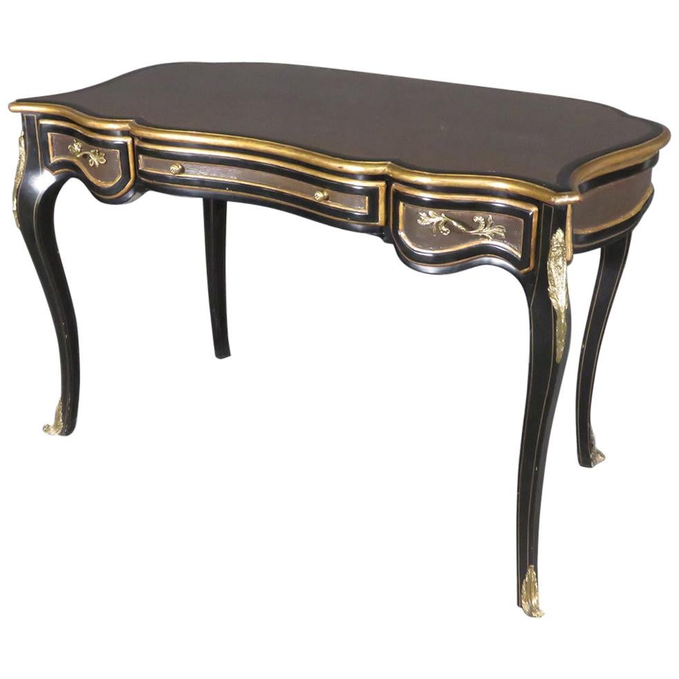 French Ebonized Gilded Louis XV Leather Top Writing Desk Table, circa 1960
